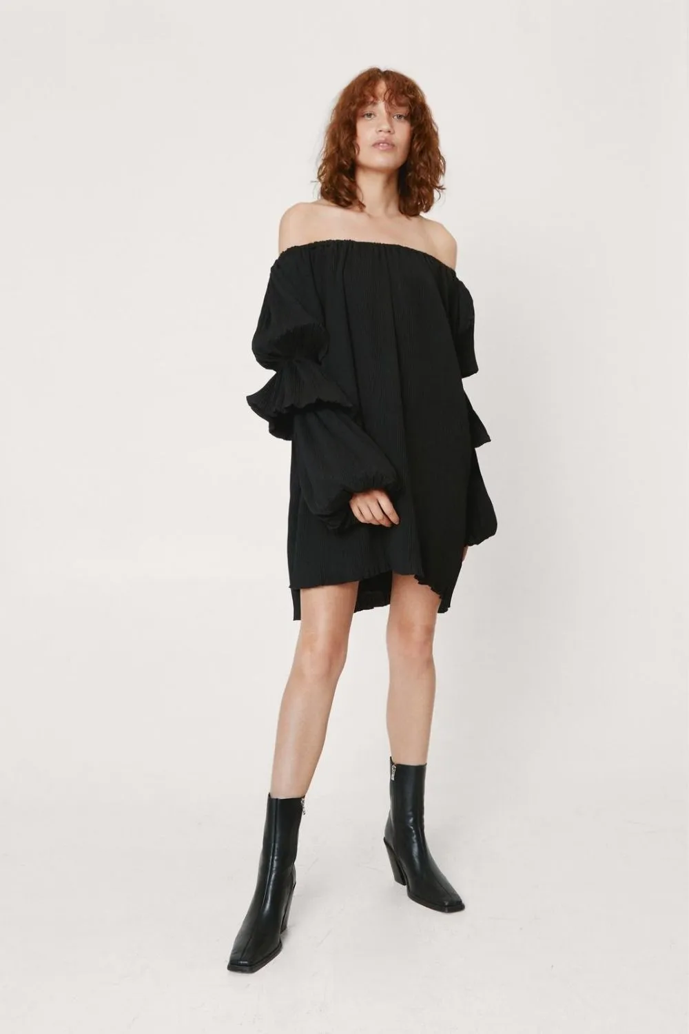 Pleated Puff Sleeve Bardot Mini Dress