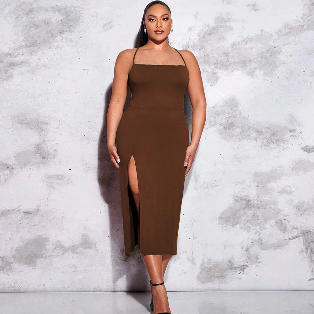 Plus Size Women's Sexy Backless Slit Tight Waist Cami Midi Dress