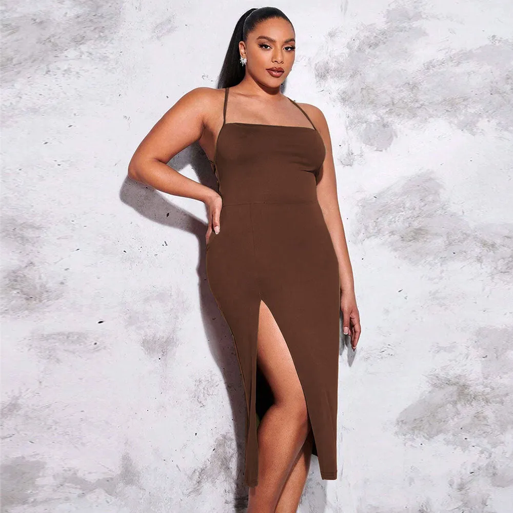 Plus Size Women's Sexy Backless Slit Tight Waist Cami Midi Dress