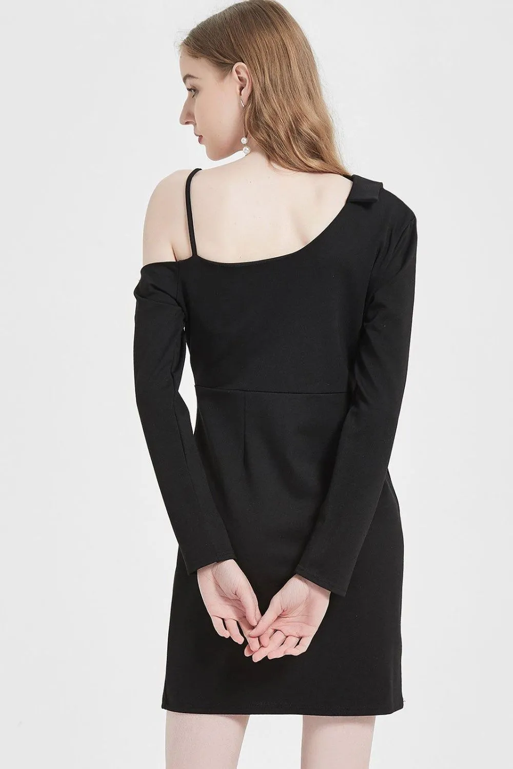 Pretty Asymmetric Shoulder Full Sleeve Dress