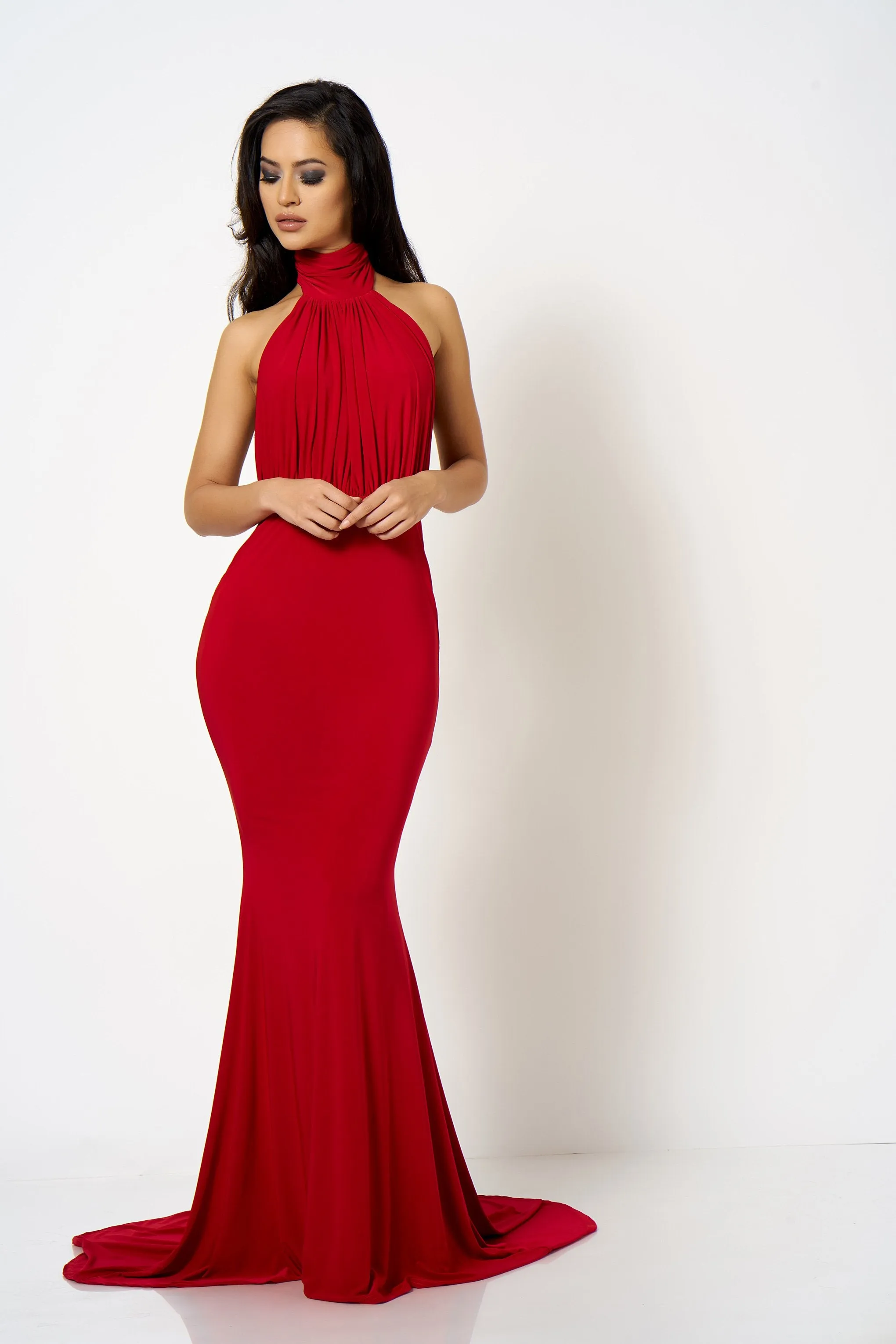 Red Backless Halter High Neck Fishtail Maxi Dress