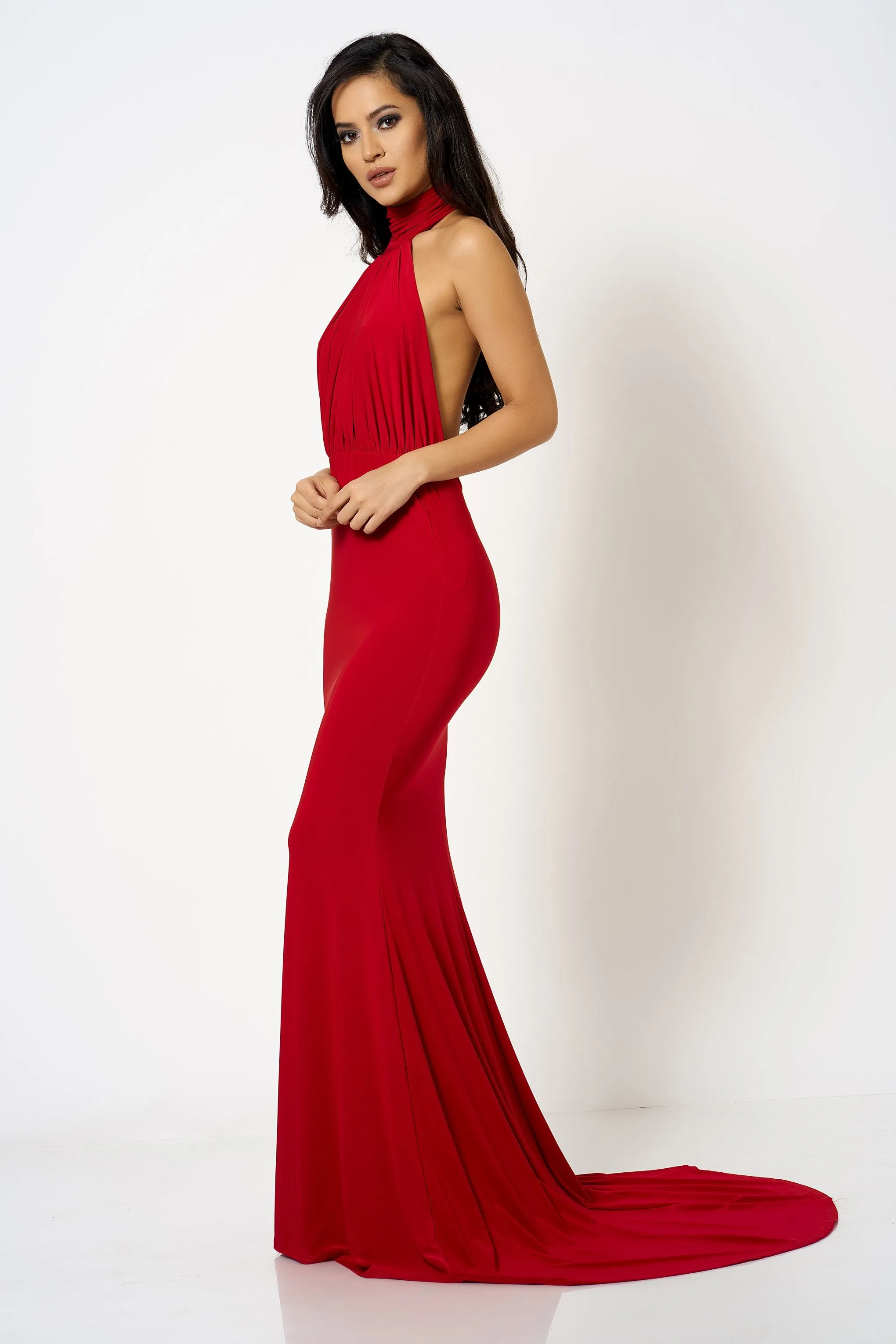 Red Backless Halter High Neck Fishtail Maxi Dress