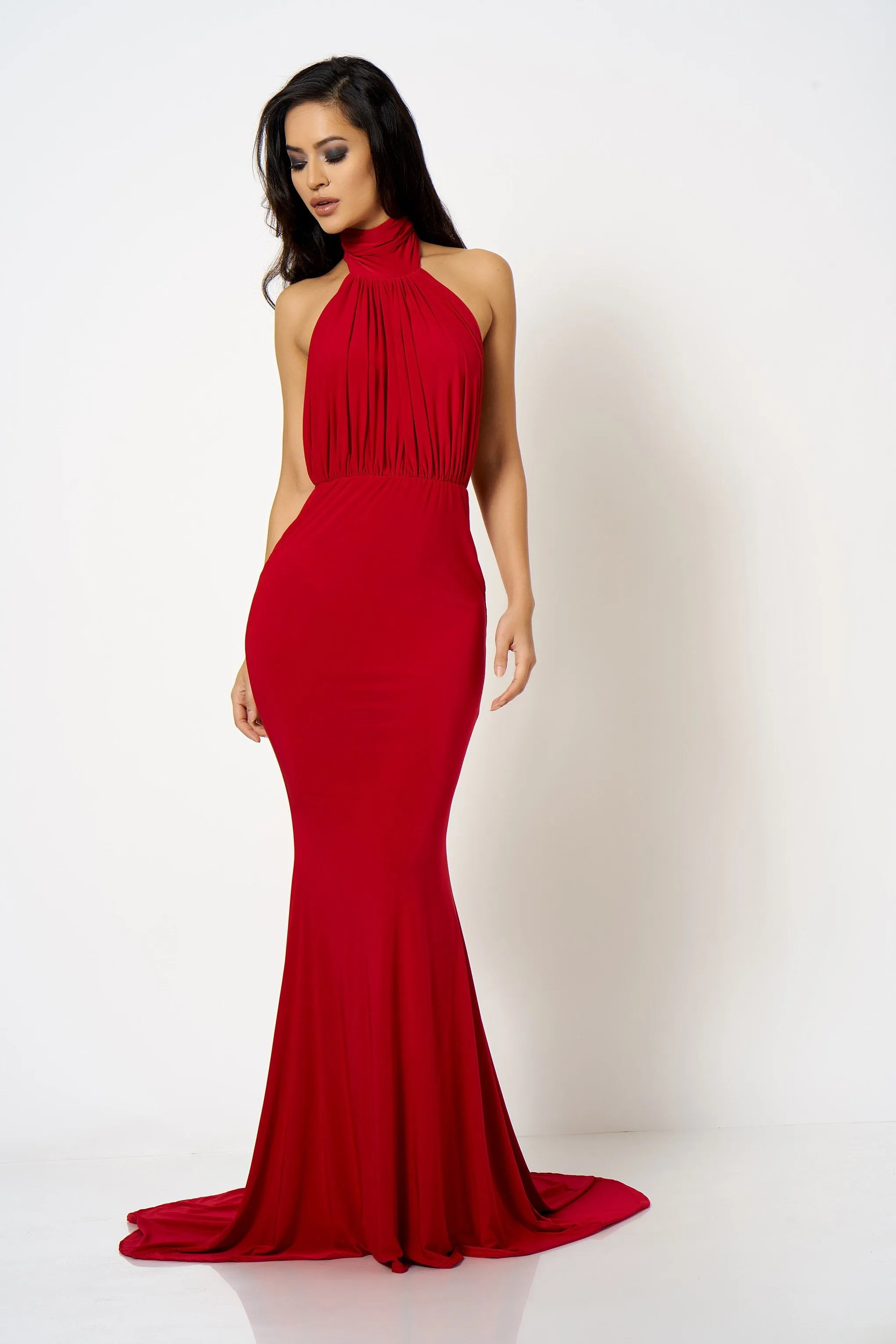 Red Backless Halter High Neck Fishtail Maxi Dress