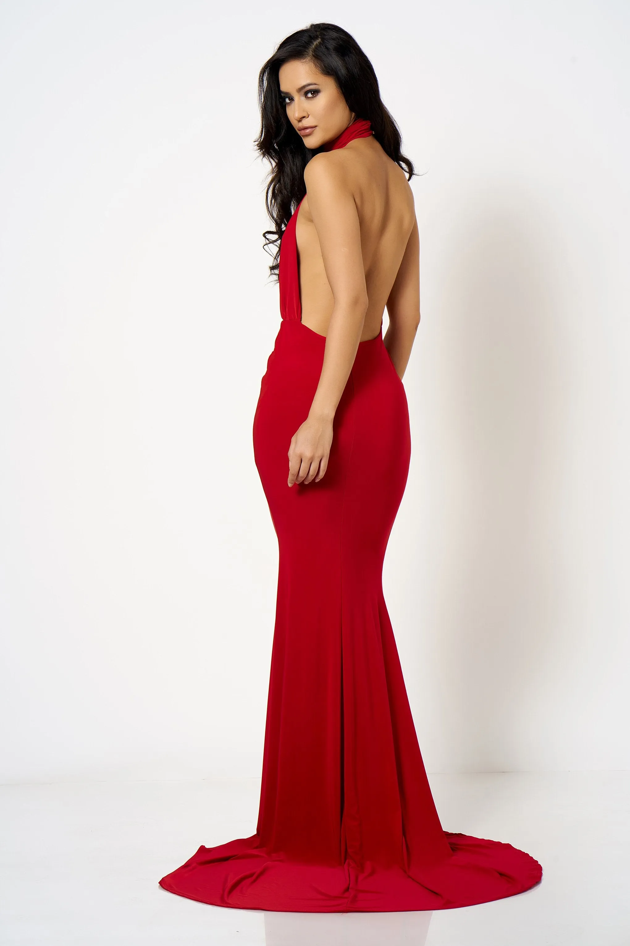 Red Backless Halter High Neck Fishtail Maxi Dress