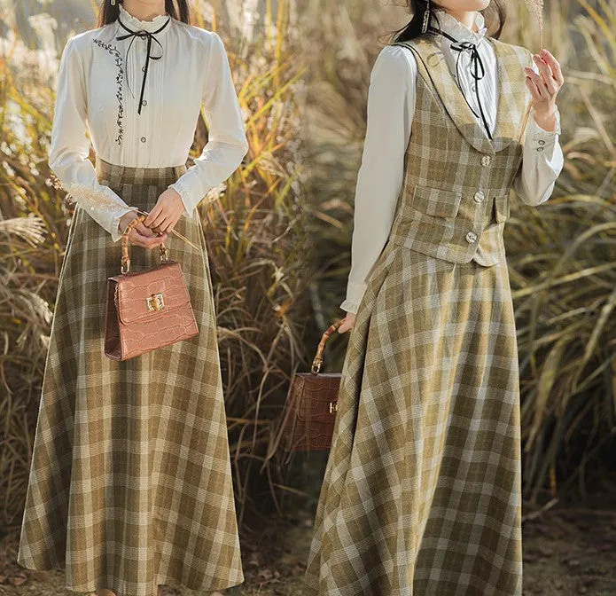 Retro Academia Plaid Blouse Vest Skirt Set