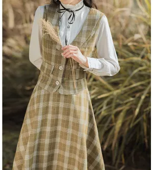 Retro Academia Plaid Blouse Vest Skirt Set