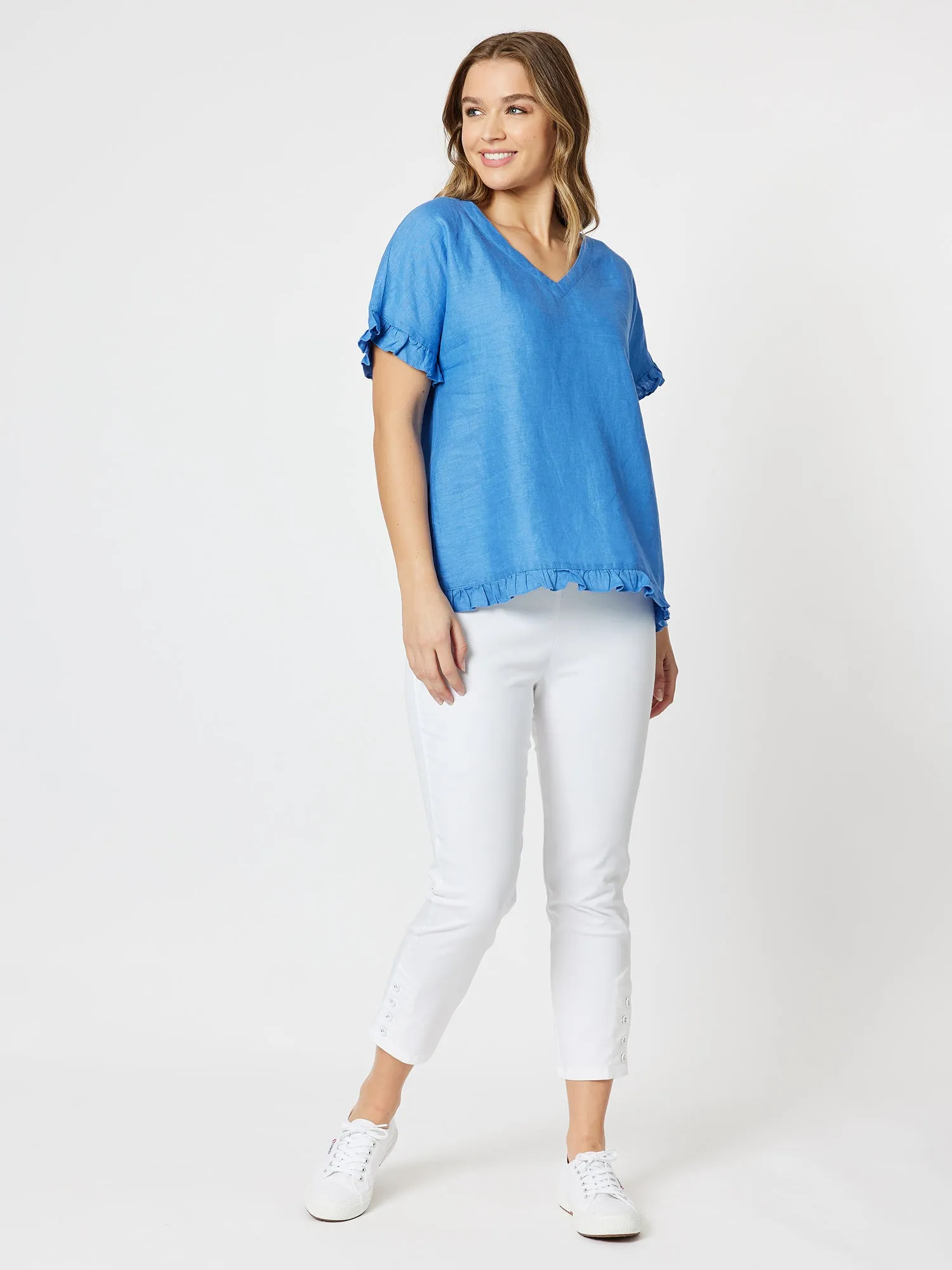 Ruffle Hem Linen Top - Cobalt