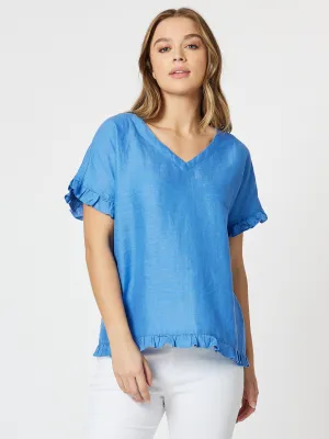 Ruffle Hem Linen Top - Cobalt