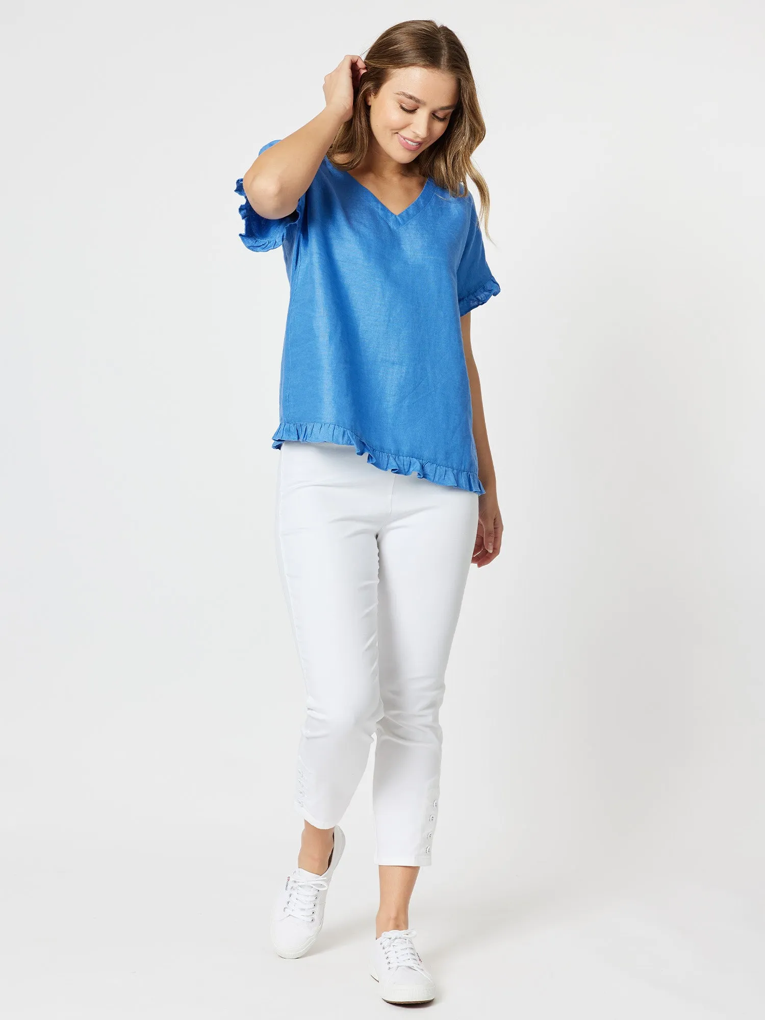 Ruffle Hem Linen Top - Cobalt