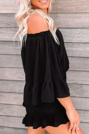 Ruffled Elastic Waist
Off Shoulder Romper In Black