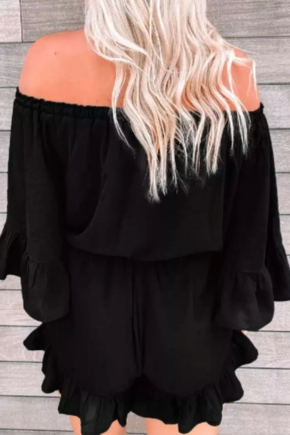 Ruffled Elastic Waist
Off Shoulder Romper In Black