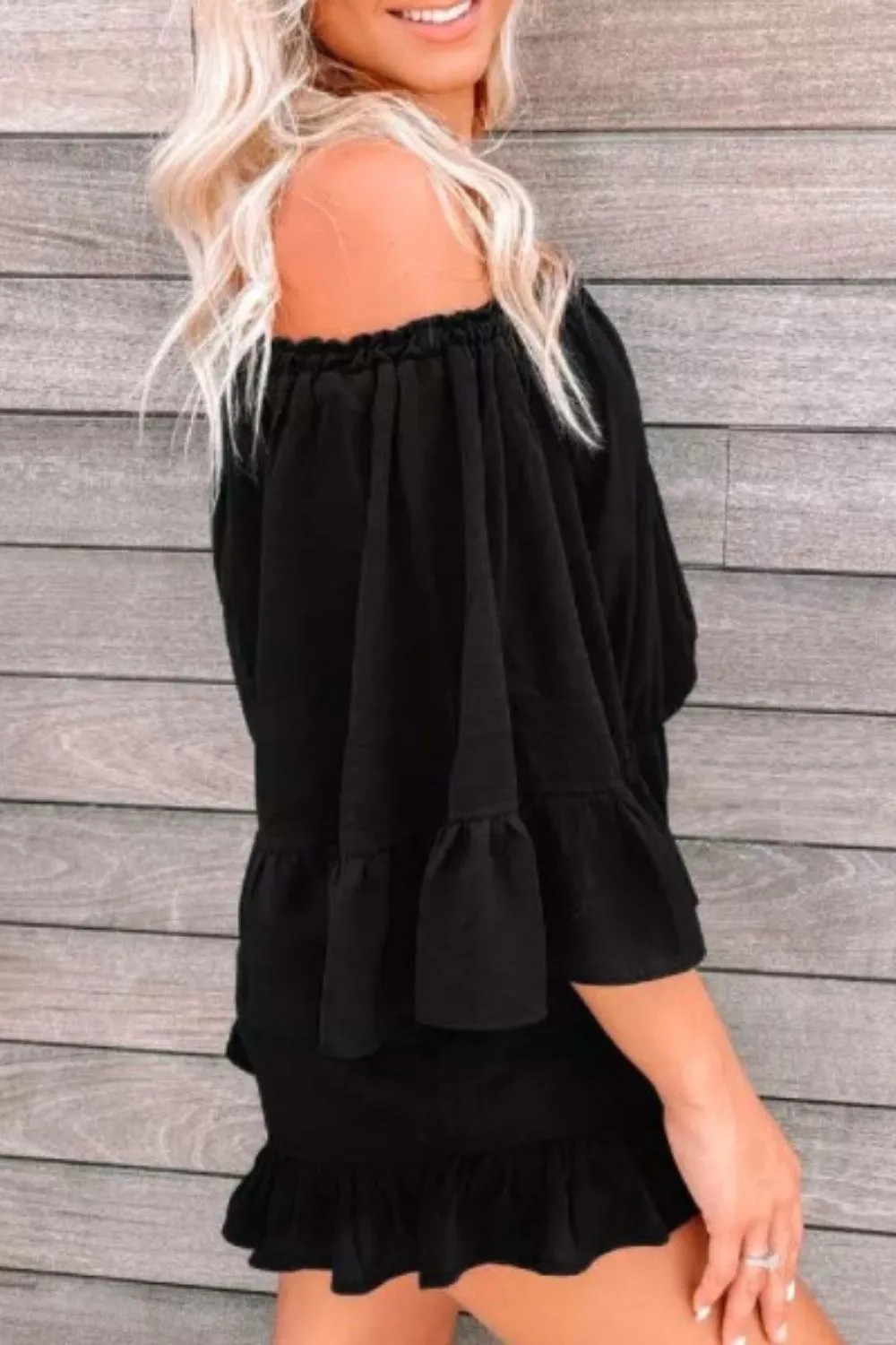 Ruffled Elastic Waist
Off Shoulder Romper In Black