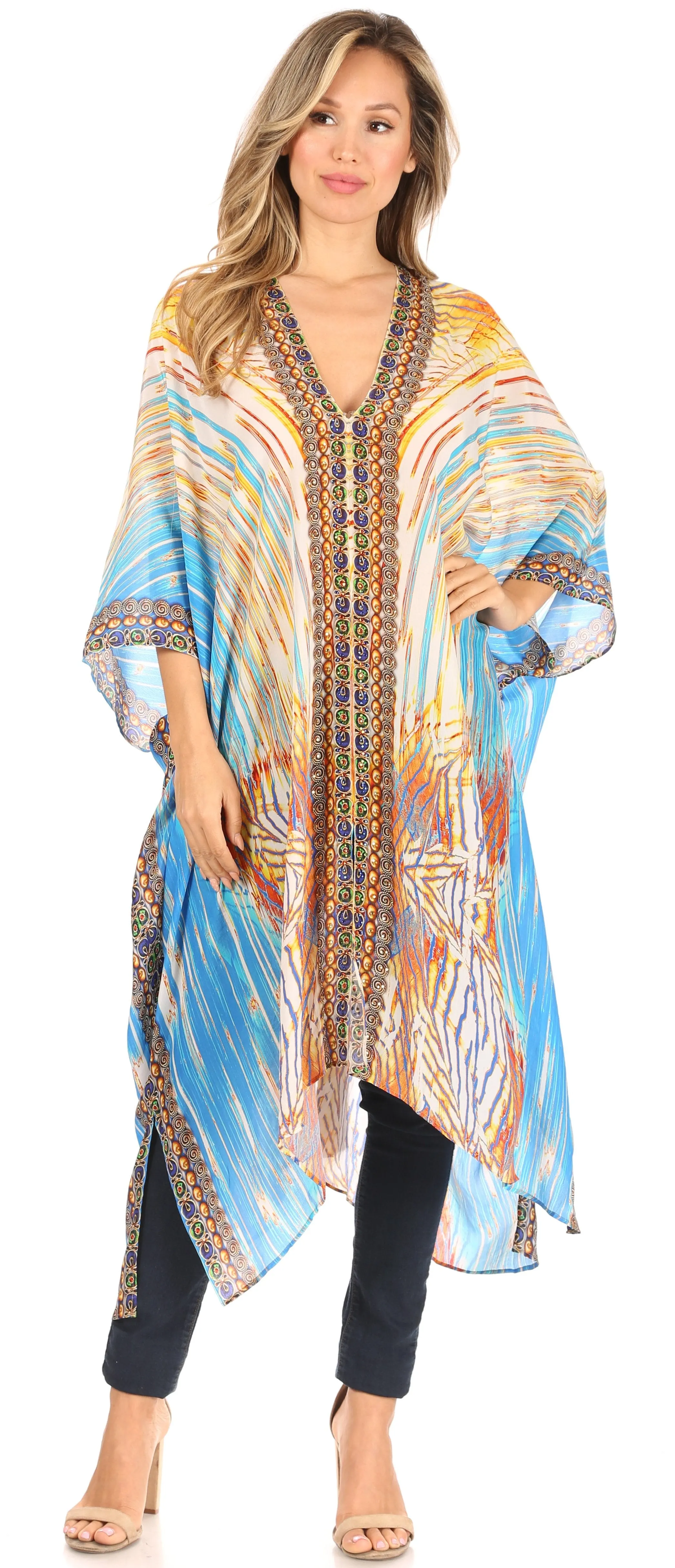 Sakkas Alvita Women's V Neck Beach Dress Top Caftan Cover up with Rhinestones