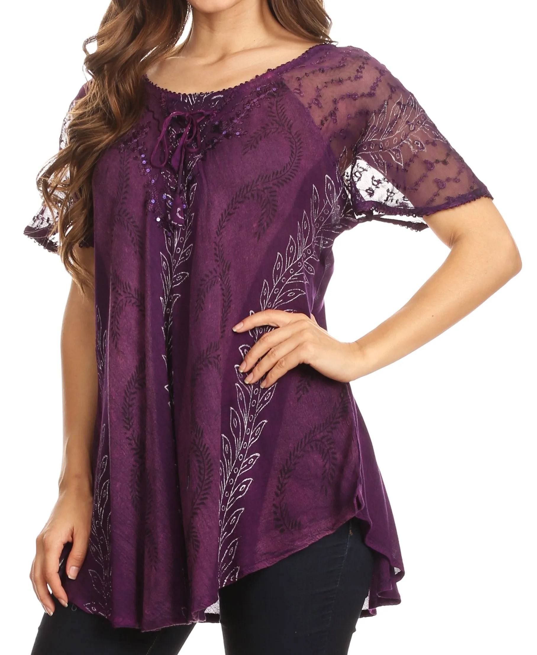 Sakkas Amanda Flowy Summer Casual Blouse Top Stonewashed with Embroidery & Corset