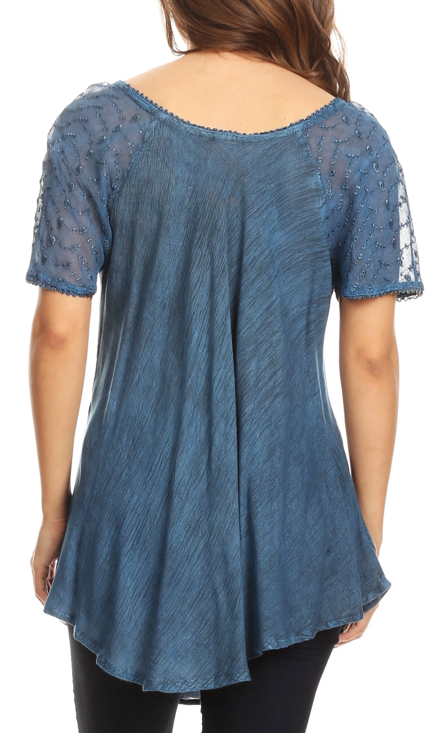 Sakkas Amanda Flowy Summer Casual Blouse Top Stonewashed with Embroidery & Corset