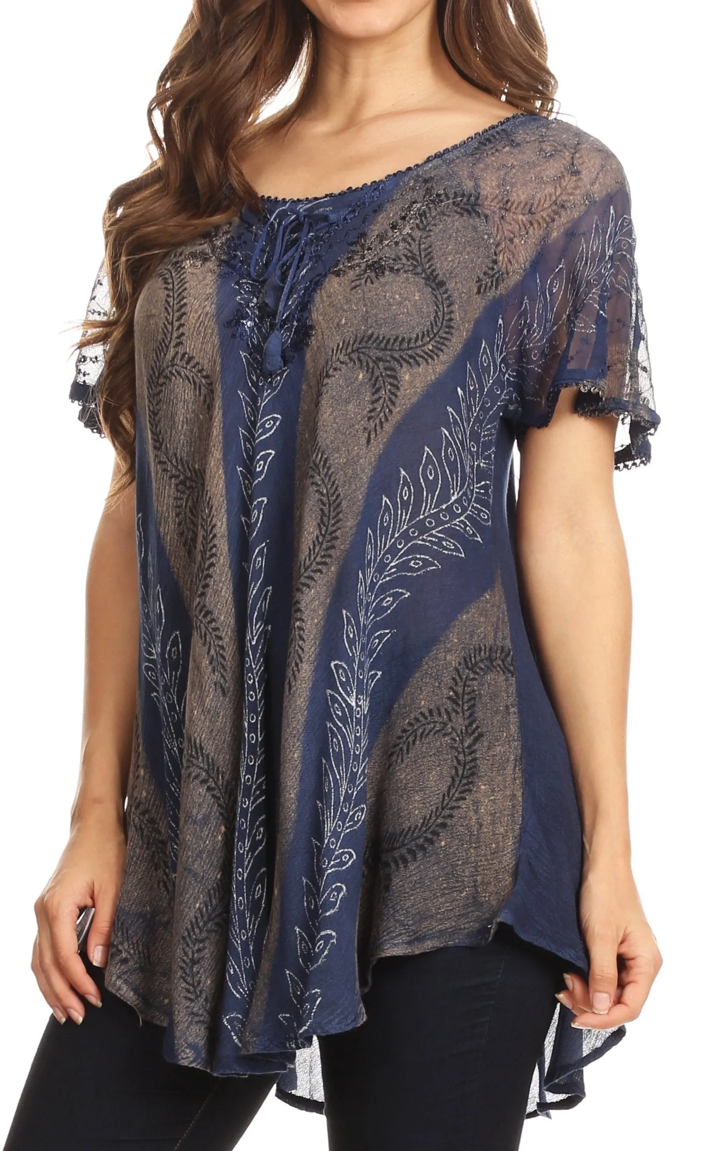 Sakkas Amanda Flowy Summer Casual Blouse Top Stonewashed with Embroidery & Corset