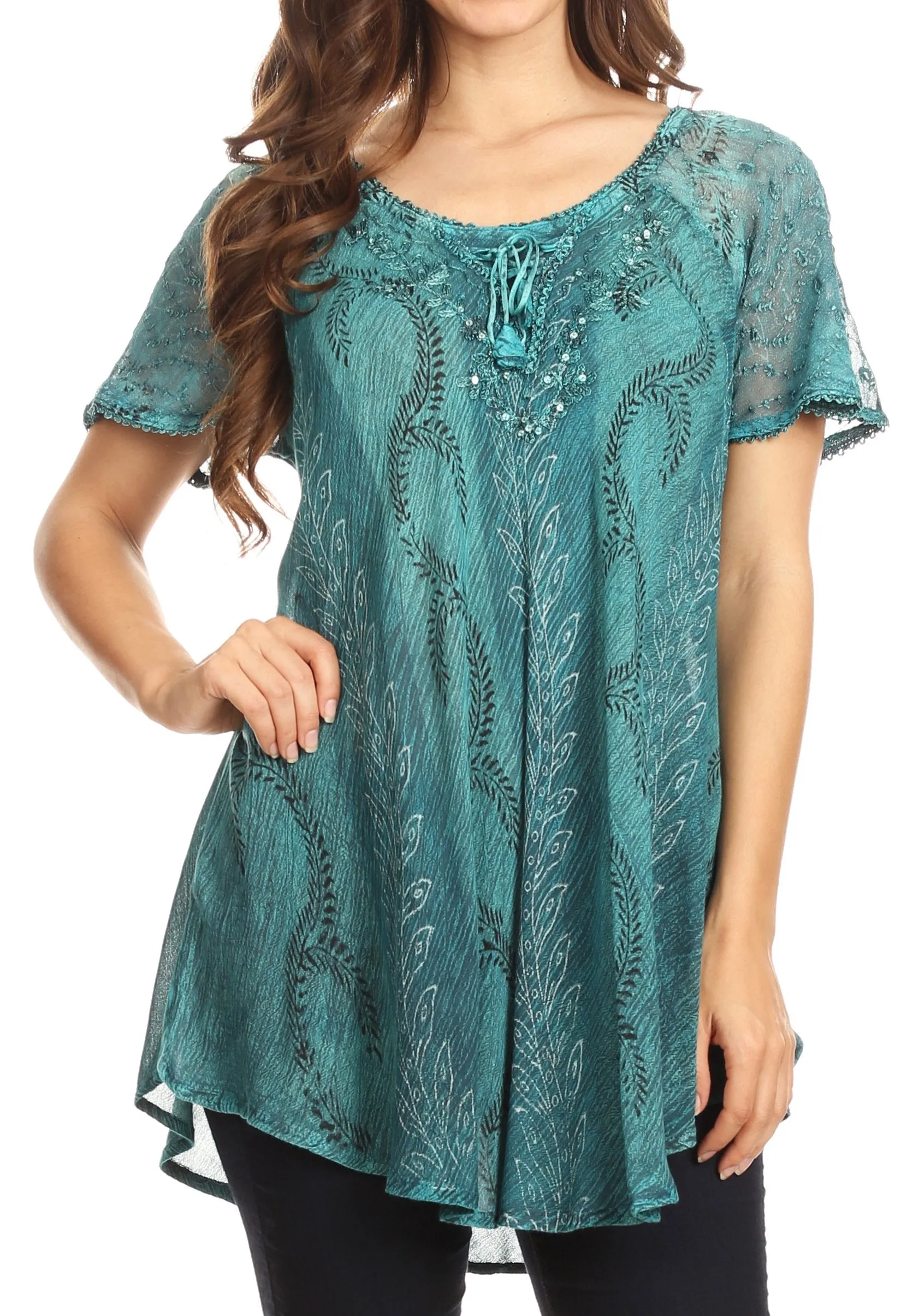 Sakkas Amanda Flowy Summer Casual Blouse Top Stonewashed with Embroidery & Corset