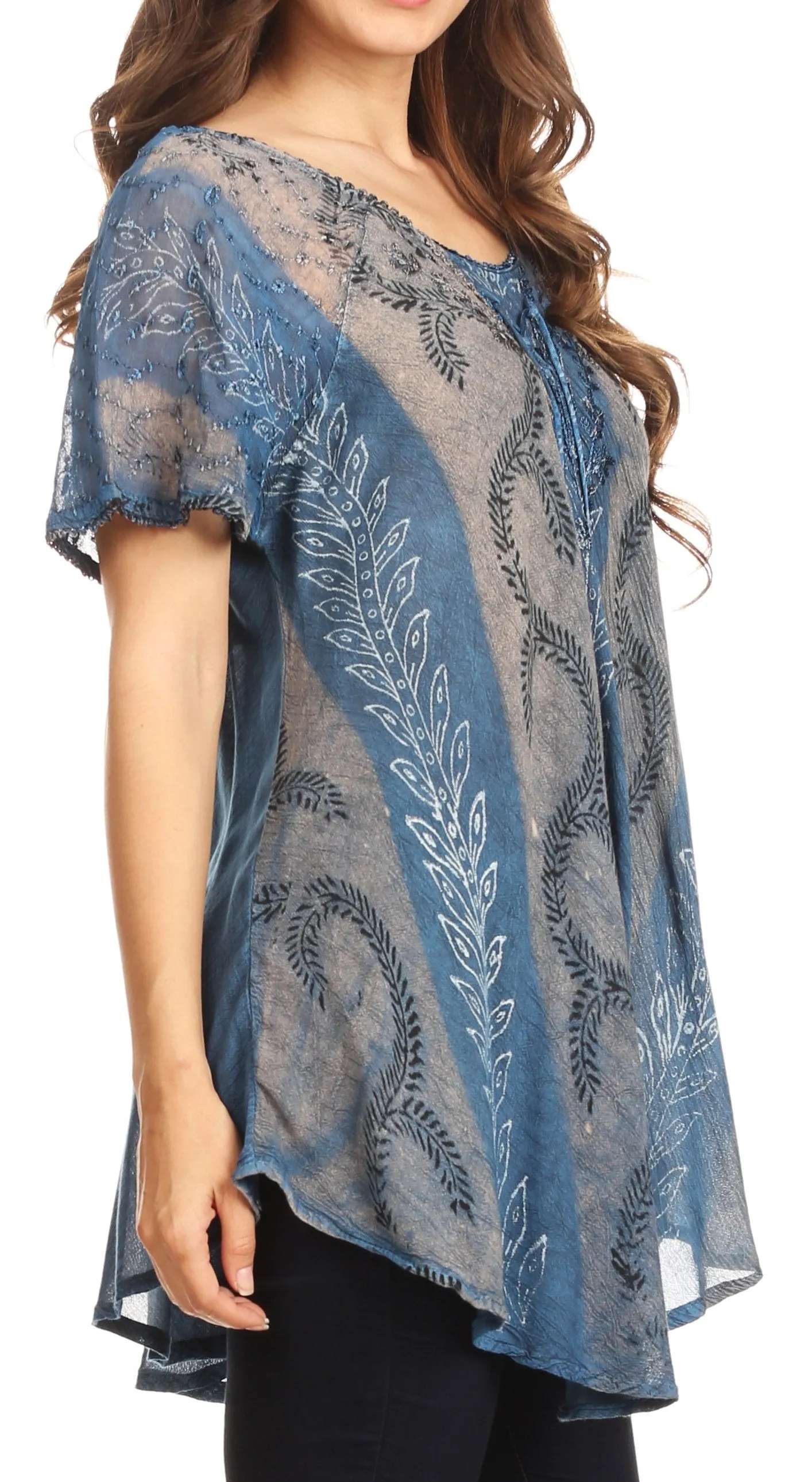 Sakkas Amanda Flowy Summer Casual Blouse Top Stonewashed with Embroidery & Corset