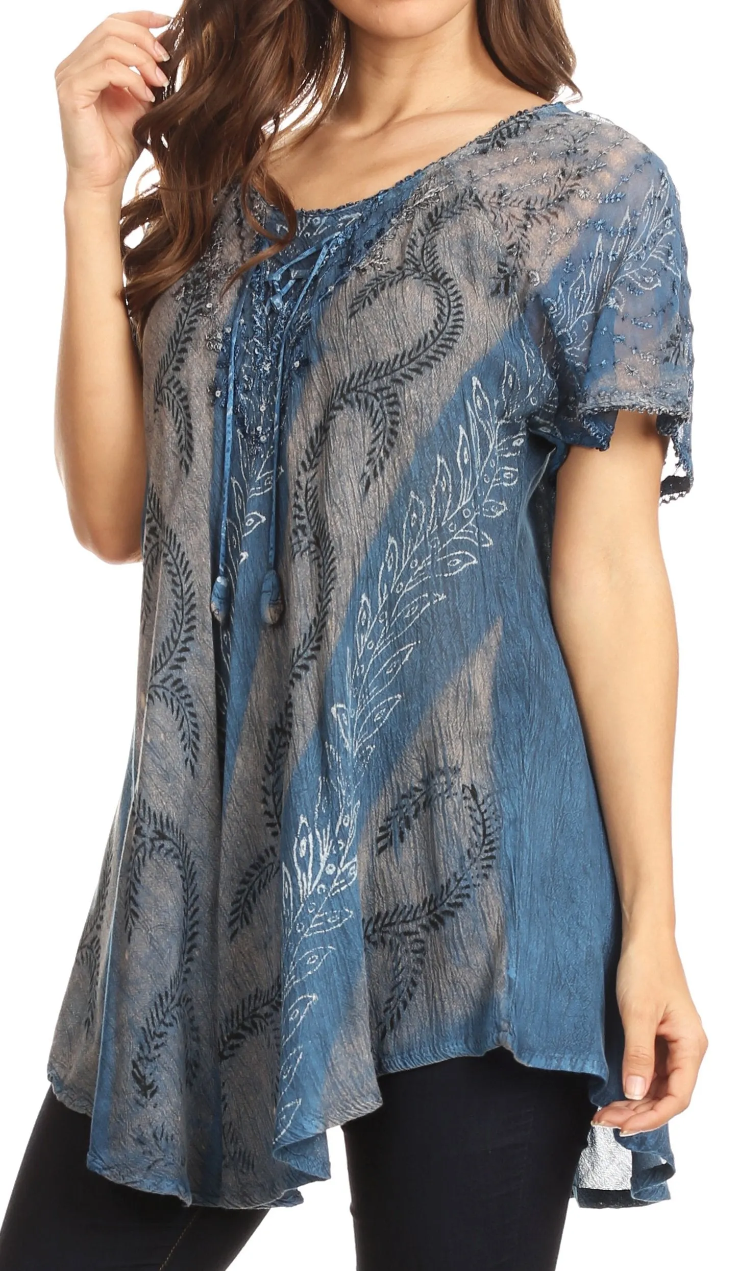 Sakkas Amanda Flowy Summer Casual Blouse Top Stonewashed with Embroidery & Corset