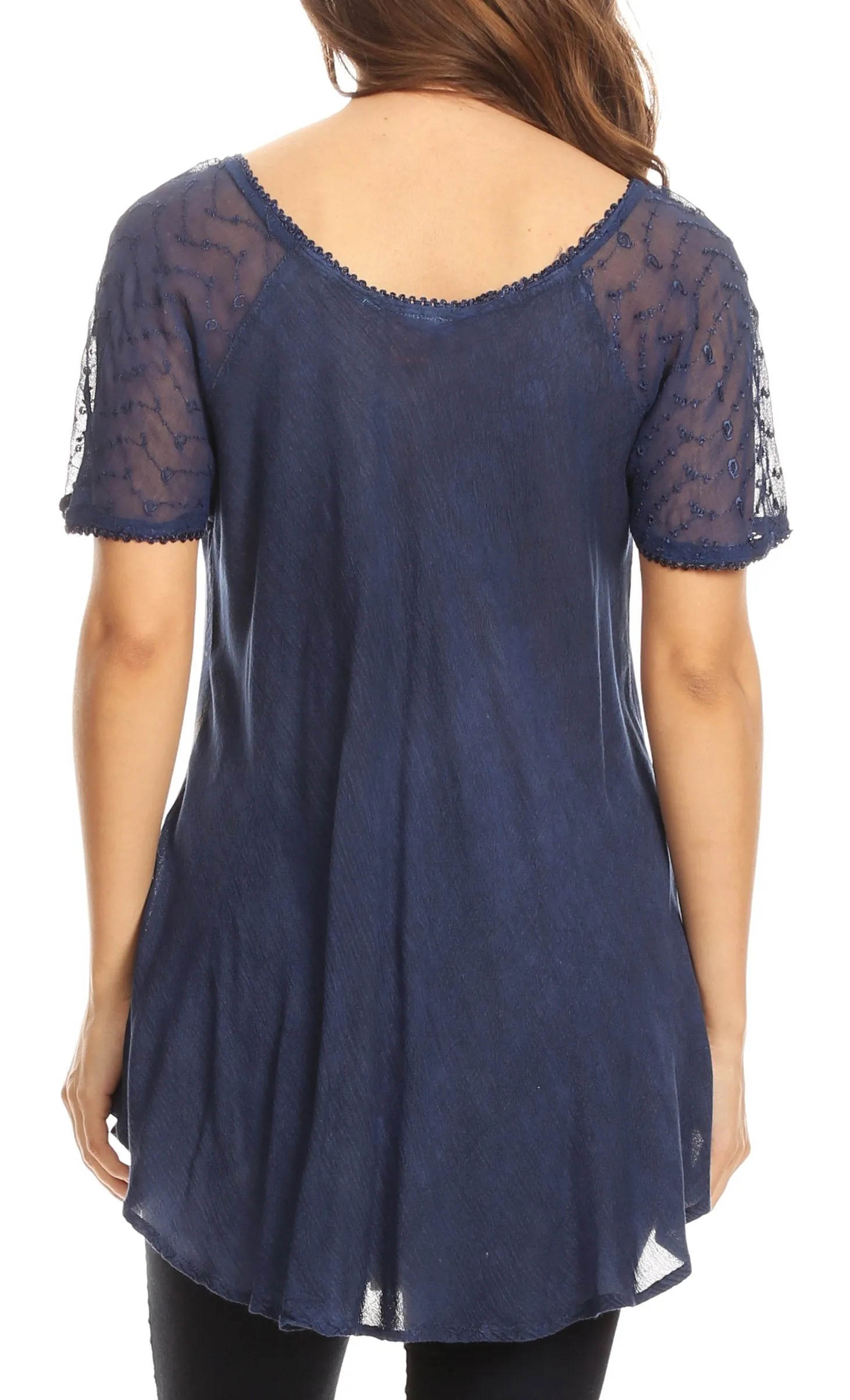 Sakkas Amanda Flowy Summer Casual Blouse Top Stonewashed with Embroidery & Corset