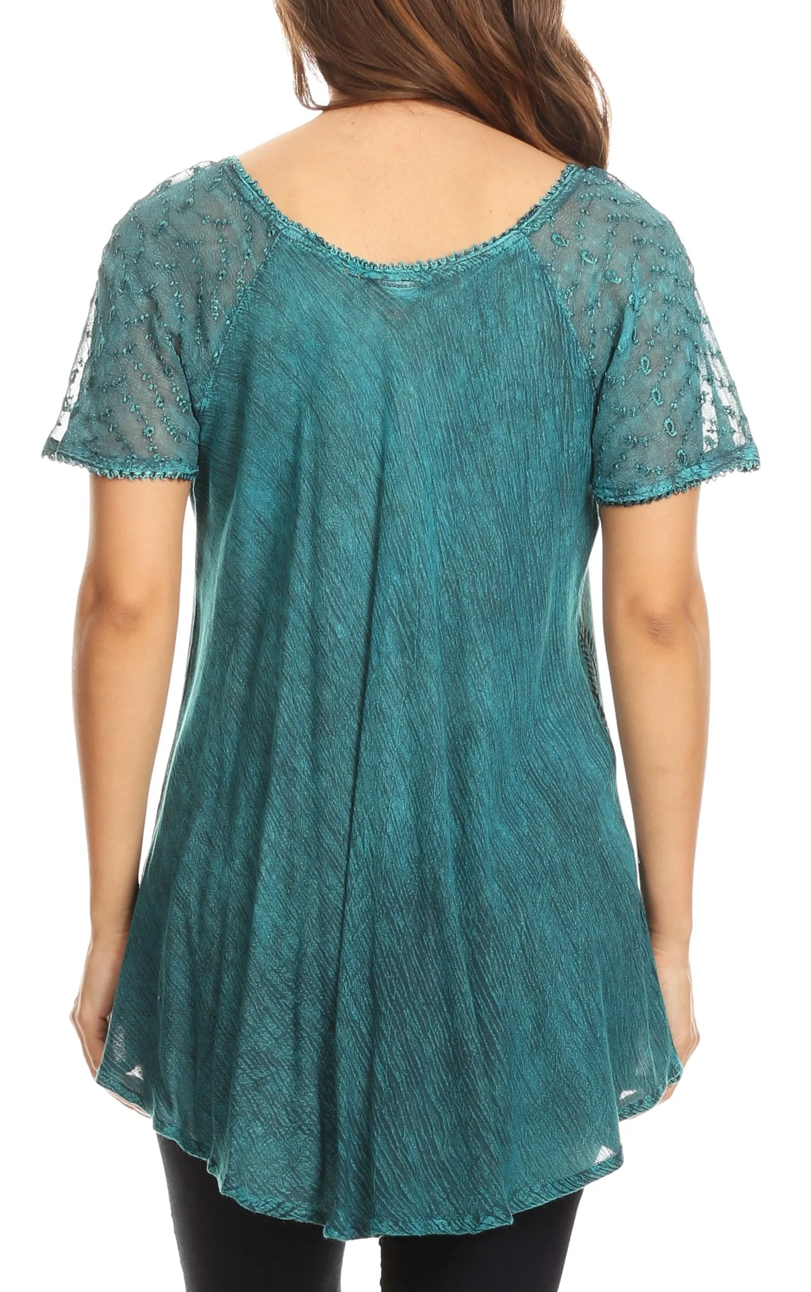 Sakkas Amanda Flowy Summer Casual Blouse Top Stonewashed with Embroidery & Corset