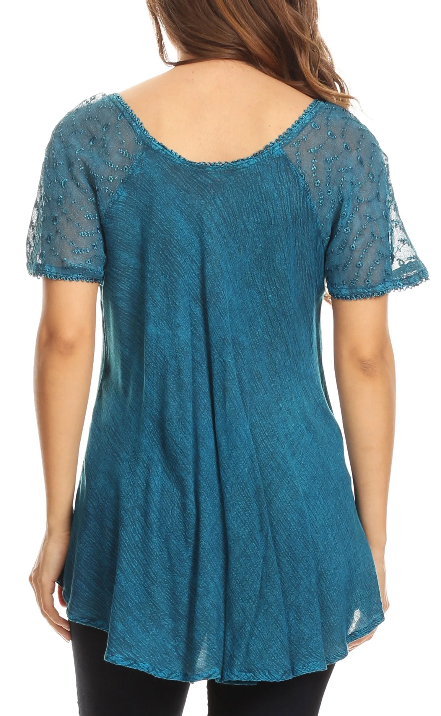 Sakkas Amanda Flowy Summer Casual Blouse Top Stonewashed with Embroidery & Corset