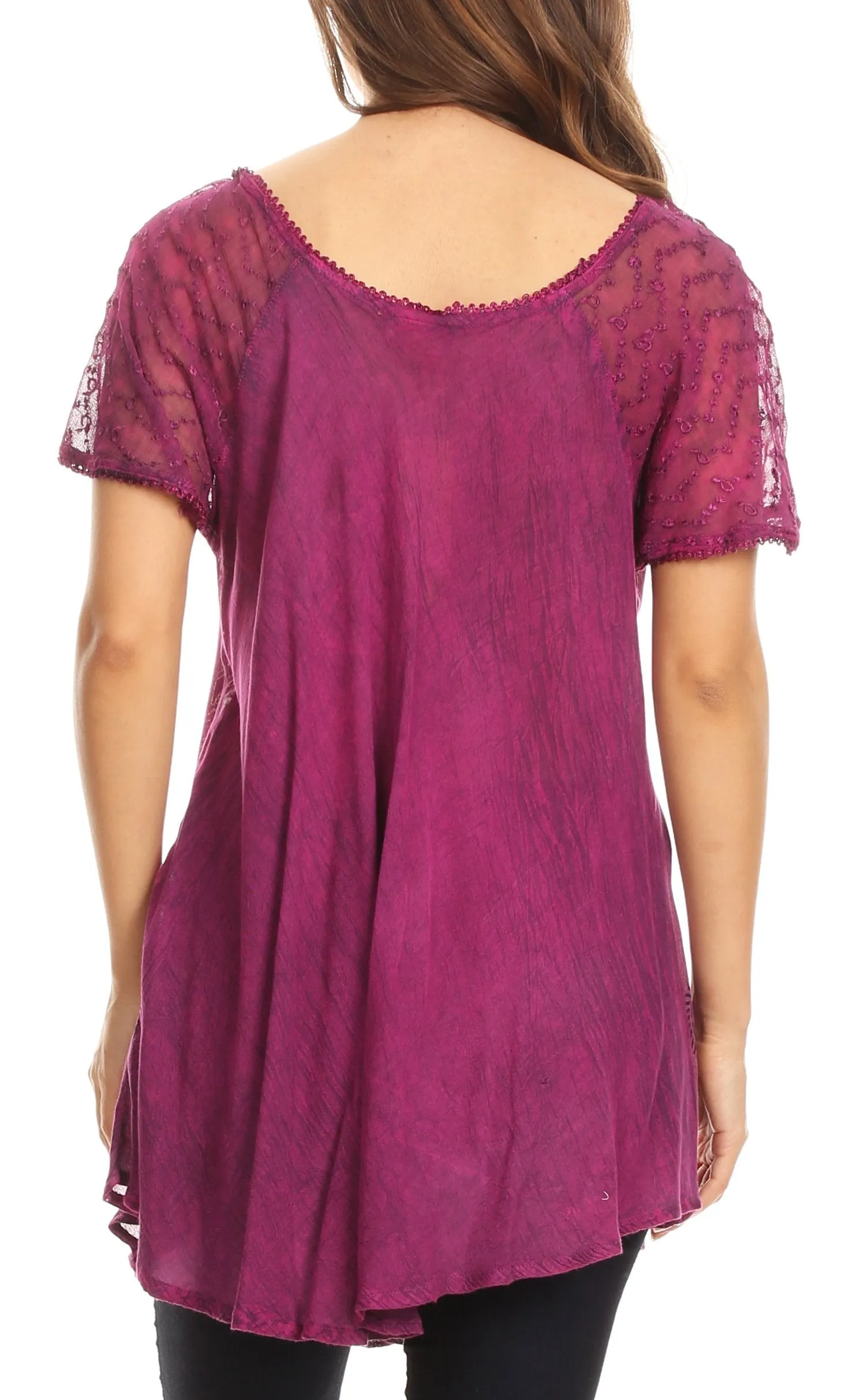 Sakkas Amanda Flowy Summer Casual Blouse Top Stonewashed with Embroidery & Corset