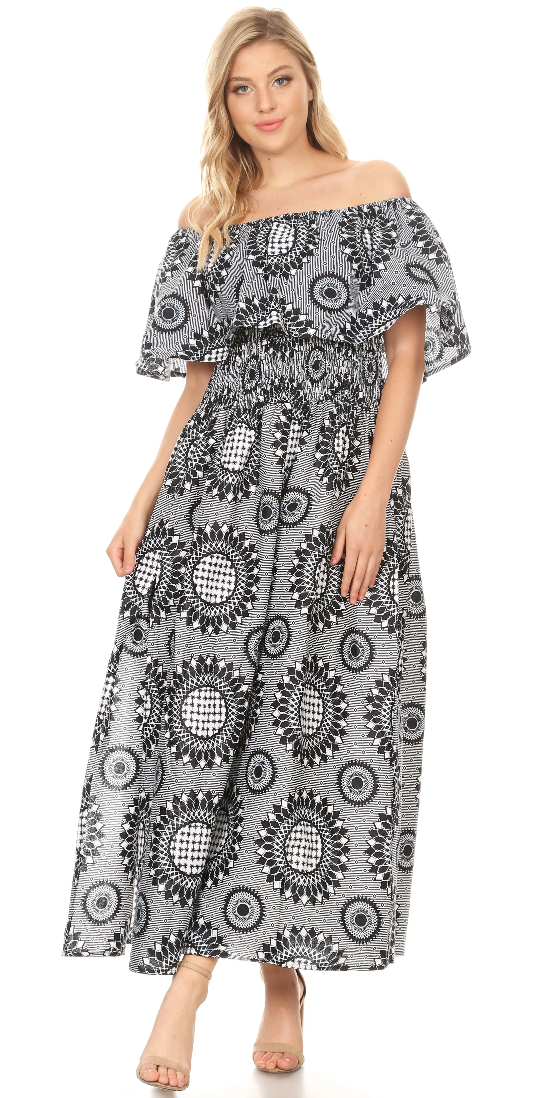 Sakkas Buhle Ruffle Off-shoulder Long Dress Wax African Ankara Dutch Print