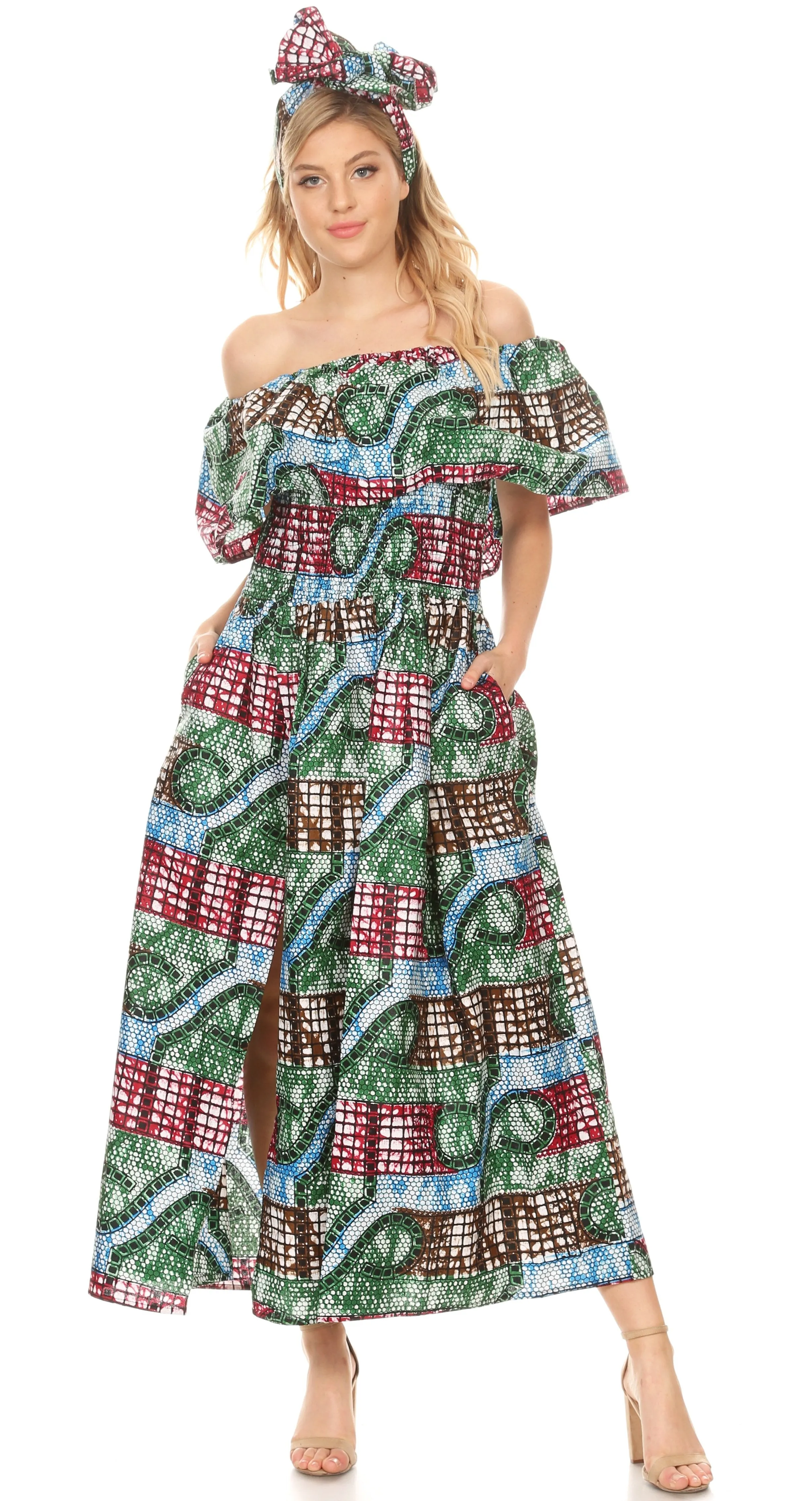 Sakkas Buhle Ruffle Off-shoulder Long Dress Wax African Ankara Dutch Print