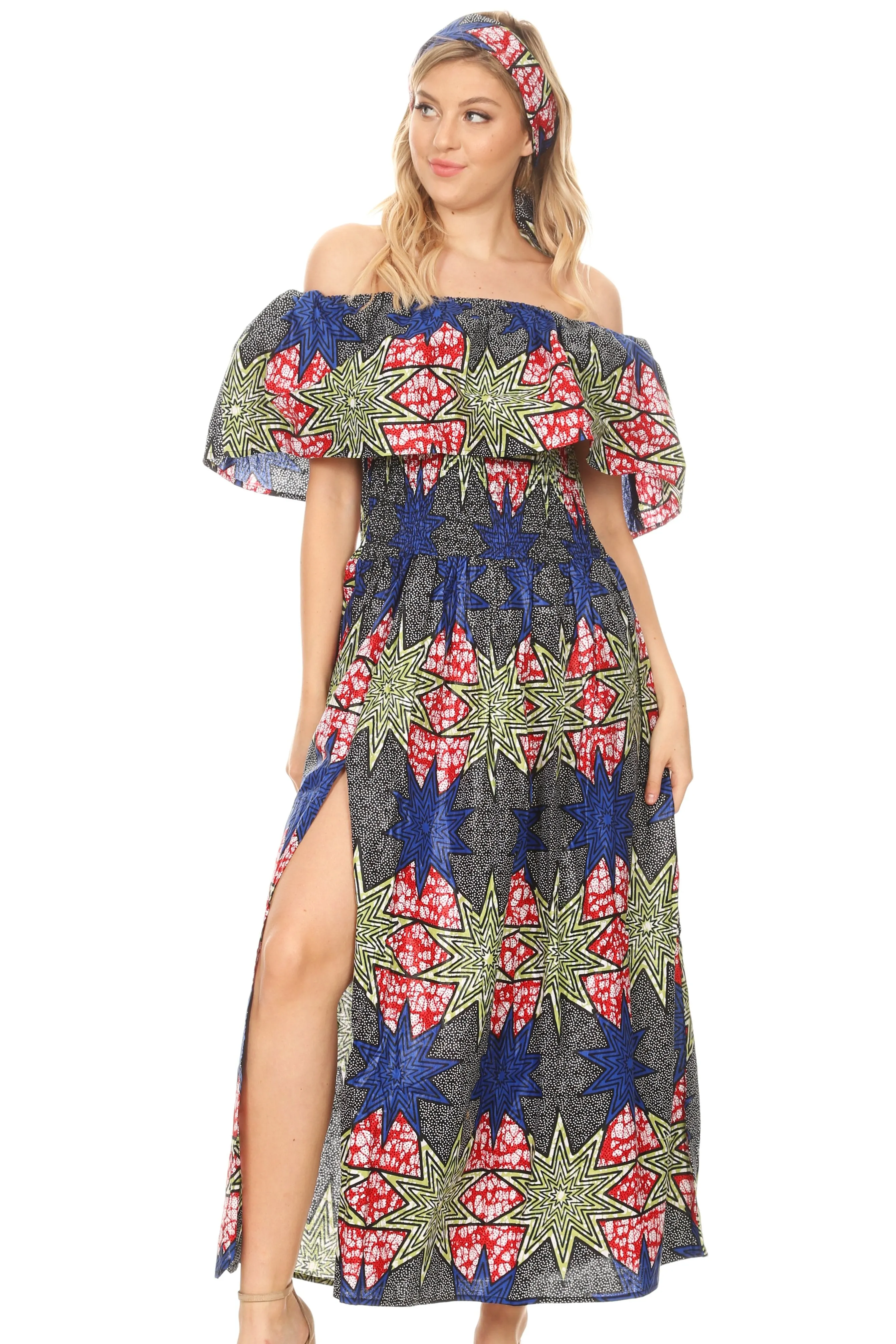 Sakkas Buhle Ruffle Off-shoulder Long Dress Wax African Ankara Dutch Print