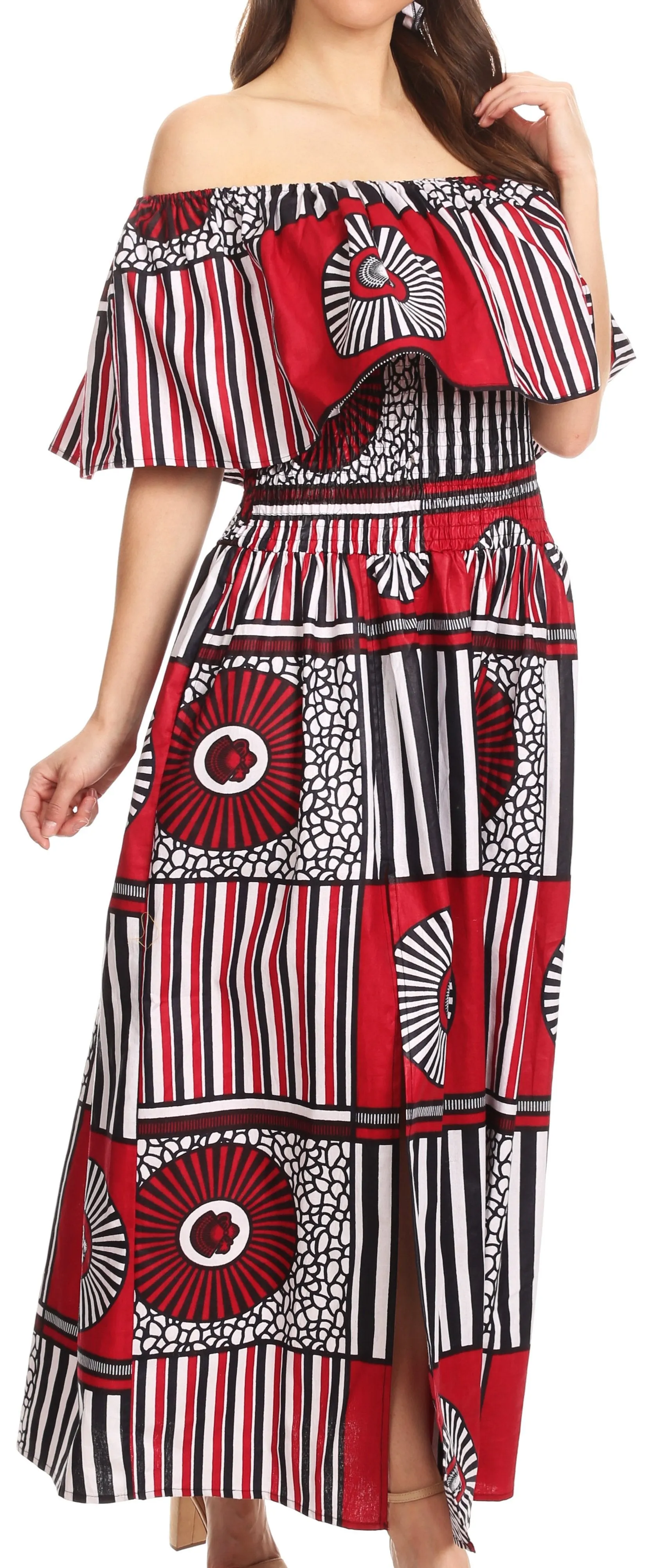 Sakkas Buhle Ruffle Off-shoulder Long Dress Wax African Ankara Dutch Print