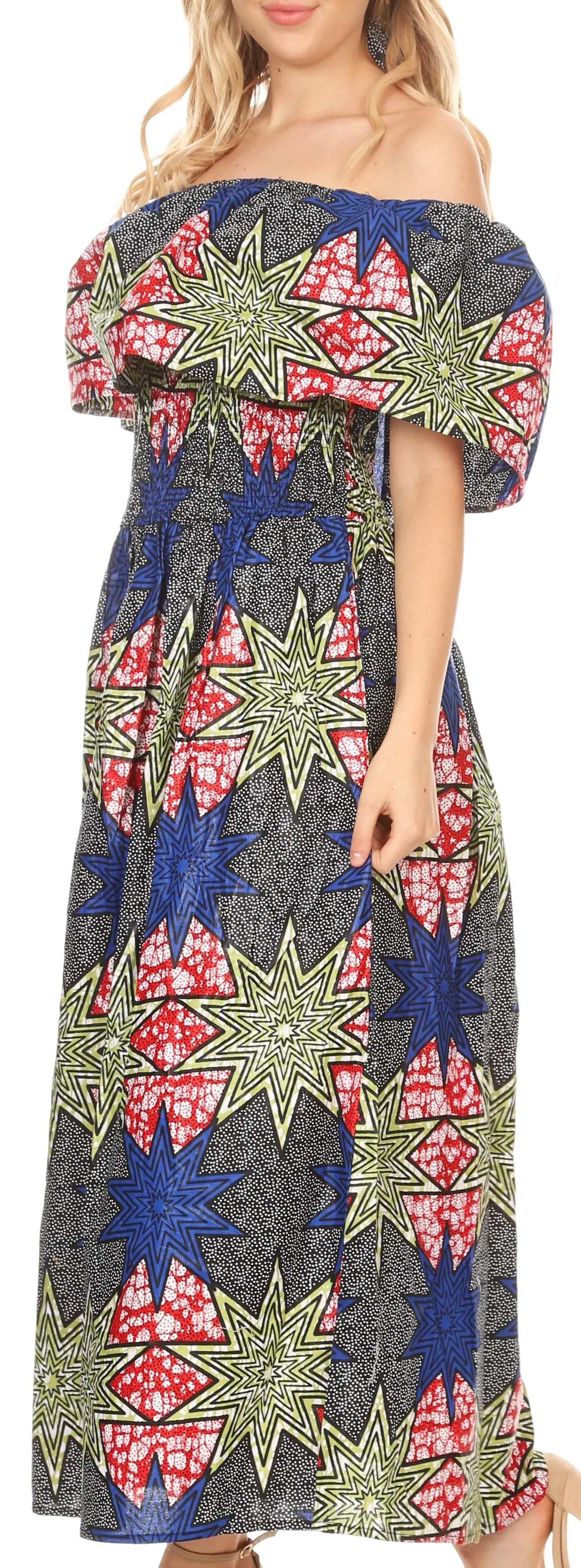 Sakkas Buhle Ruffle Off-shoulder Long Dress Wax African Ankara Dutch Print