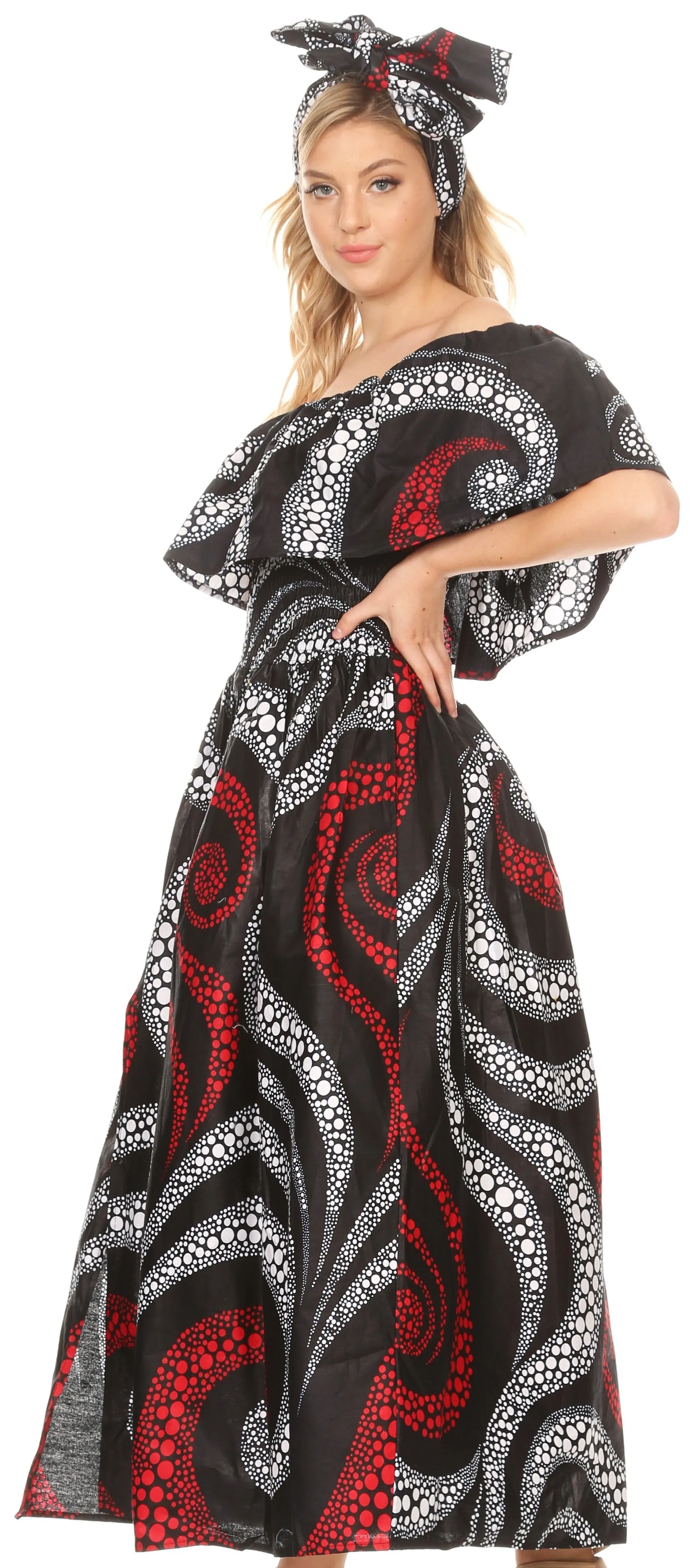 Sakkas Buhle Ruffle Off-shoulder Long Dress Wax African Ankara Dutch Print