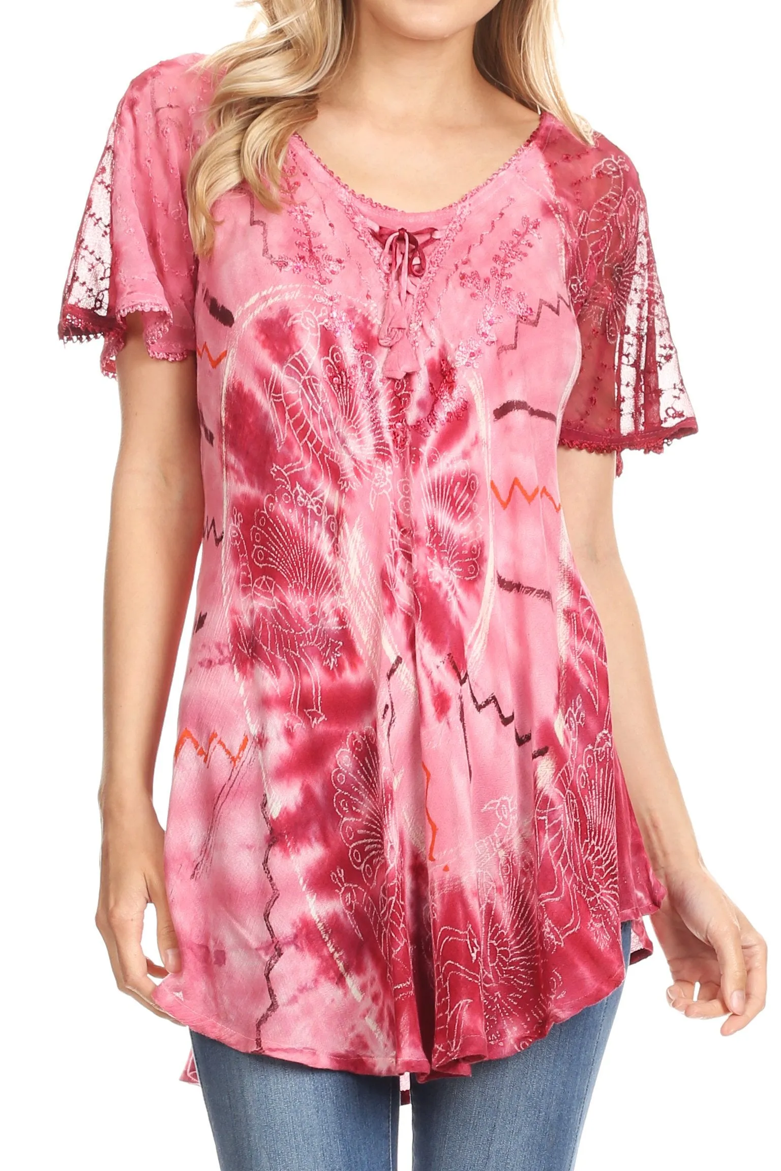 Sakkas Hira Women Short Sleeve Eyelet Lace Blouse Top in Tie-dye with Corset Flowy