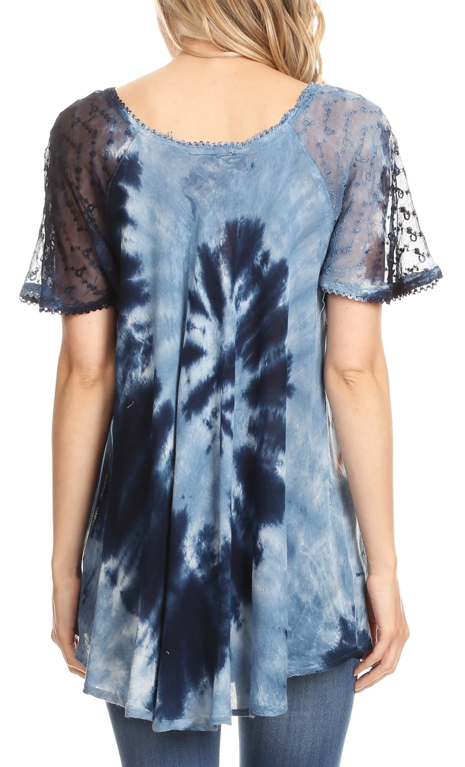 Sakkas Hira Women Short Sleeve Eyelet Lace Blouse Top in Tie-dye with Corset Flowy