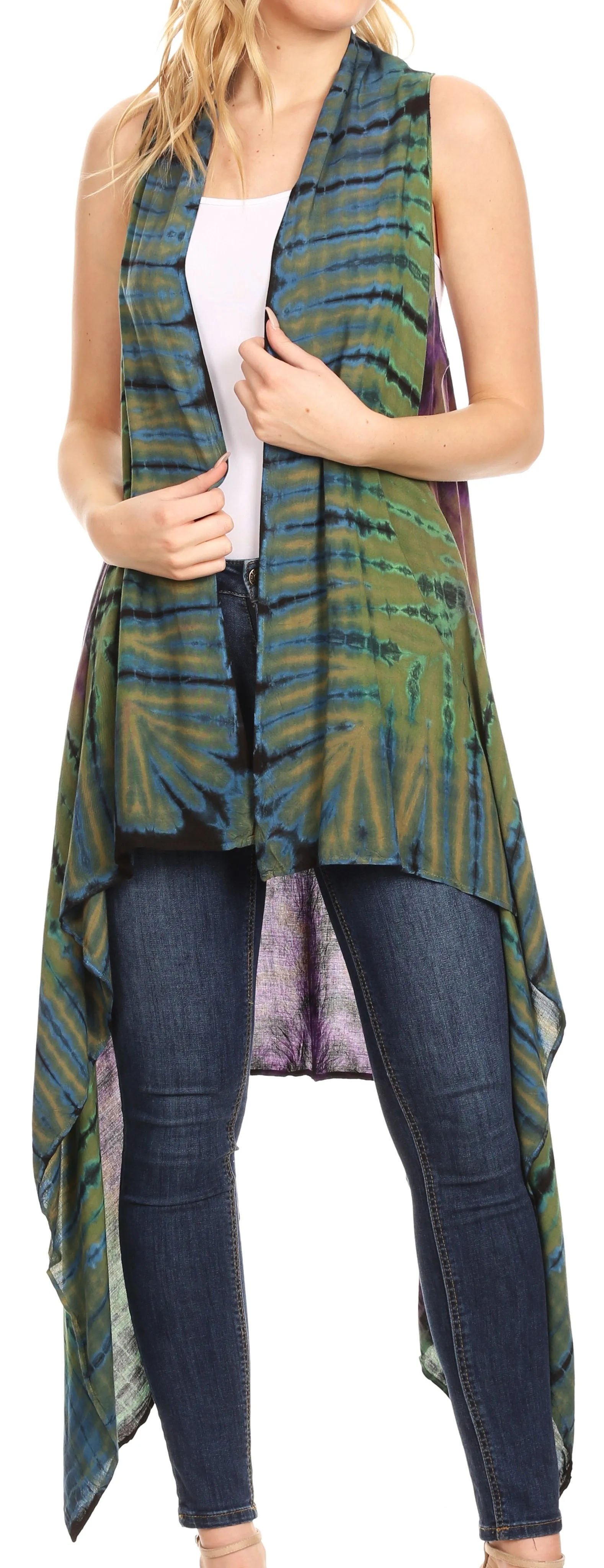 Sakkas Ivana Women's Oversized Draped Open Front Sleeveless Cardigan in Tie Dye