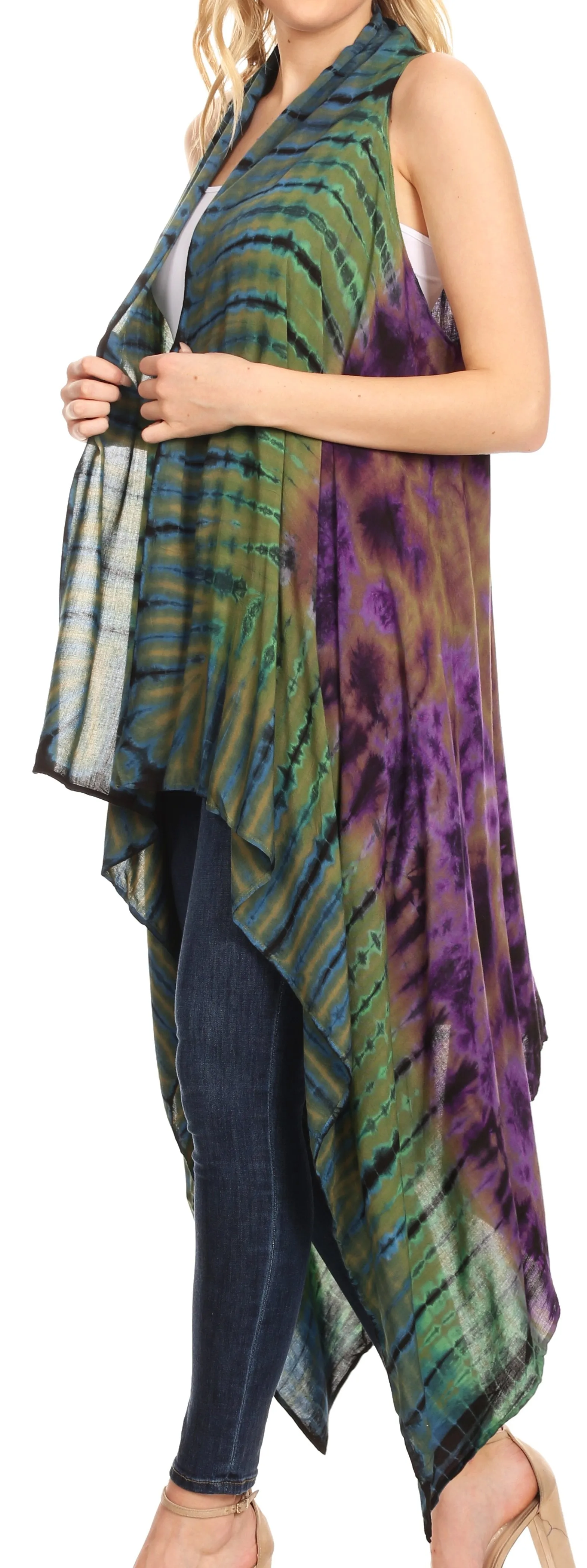 Sakkas Ivana Women's Oversized Draped Open Front Sleeveless Cardigan in Tie Dye