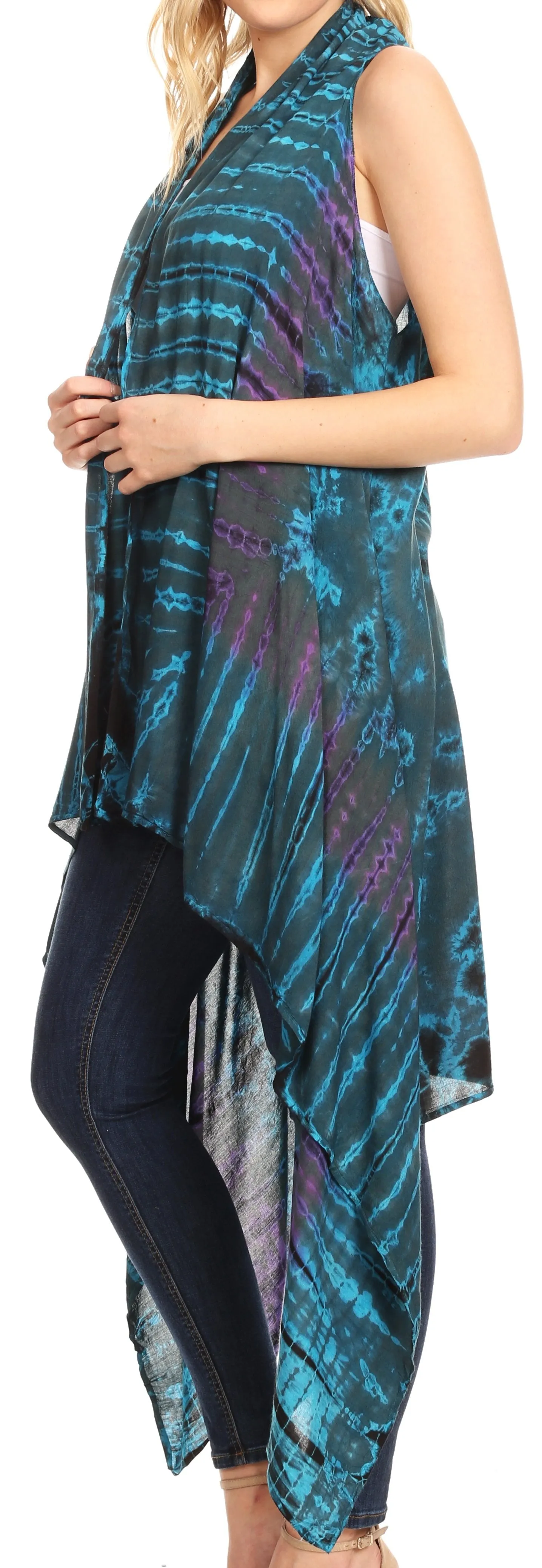 Sakkas Ivana Women's Oversized Draped Open Front Sleeveless Cardigan in Tie Dye