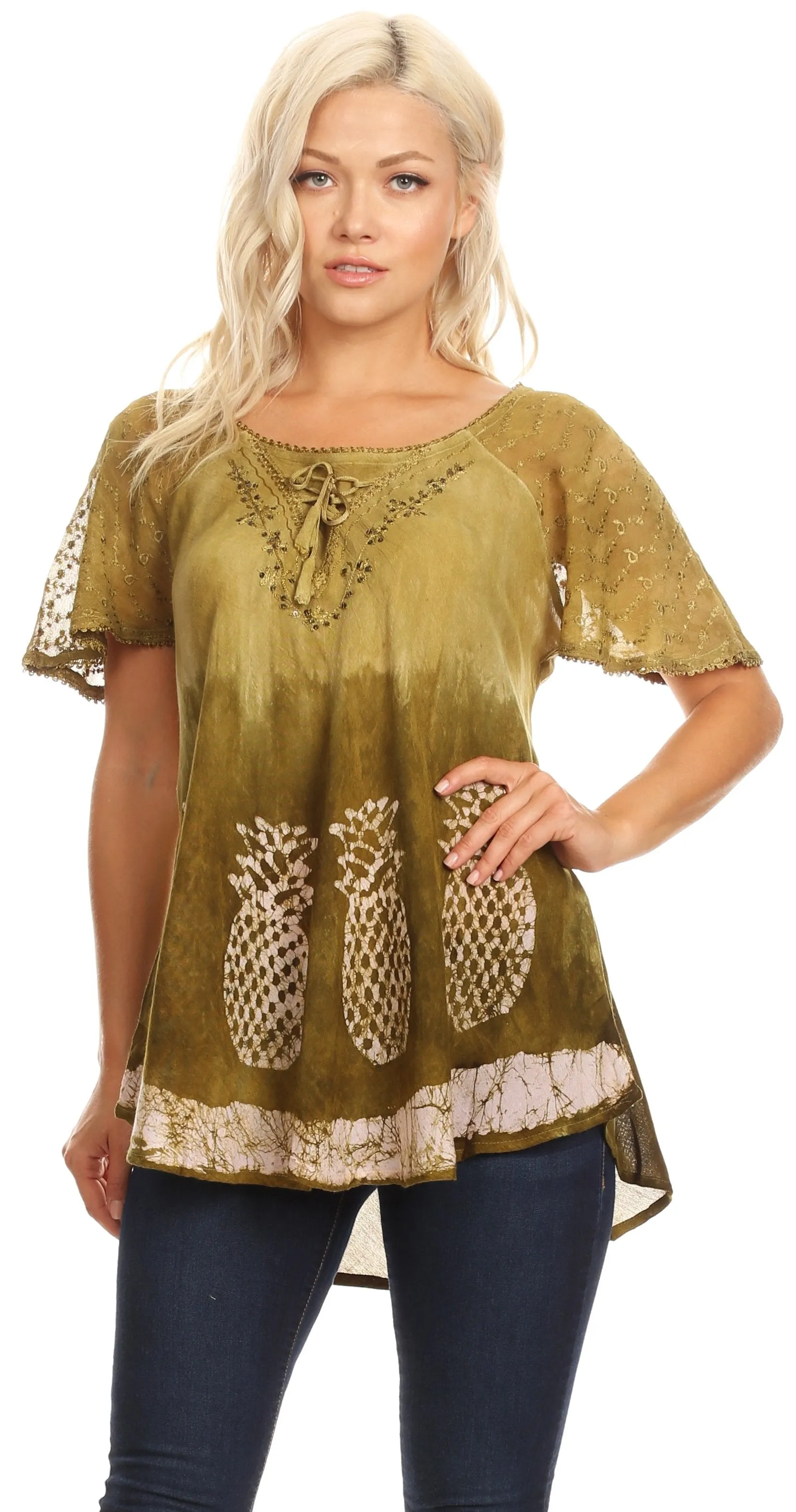 Sakkas Ivanna Womens Short Raglan Lace Sleeve Flowy Top Blouse Tie-dye & Batik