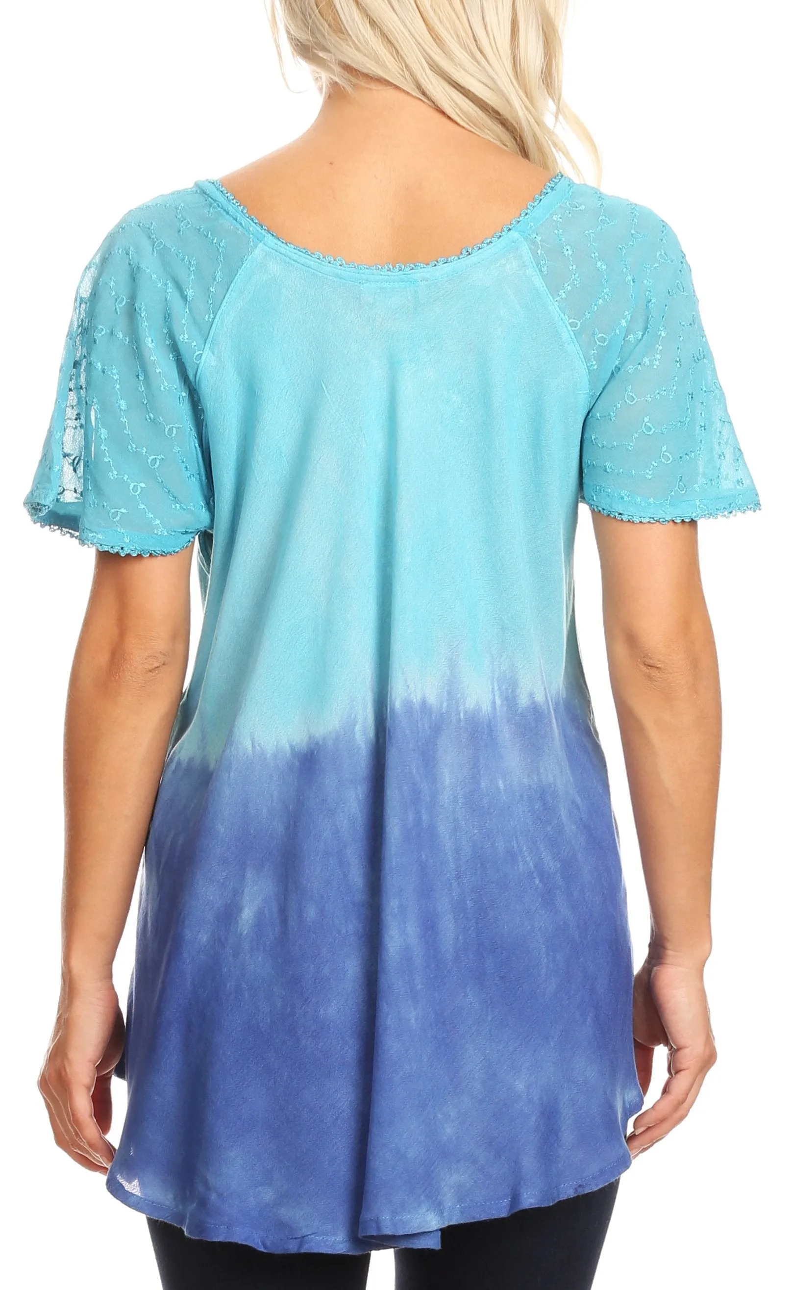 Sakkas Ivanna Womens Short Raglan Lace Sleeve Flowy Top Blouse Tie-dye & Batik