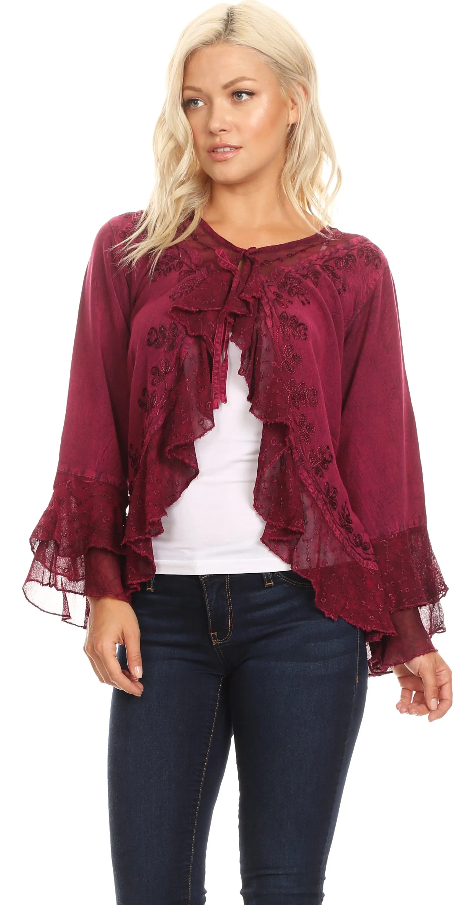 Sakkas Jimena Womens Ruffle 3/4 Sleeve Open Front Cropped Cardigan Top Lace