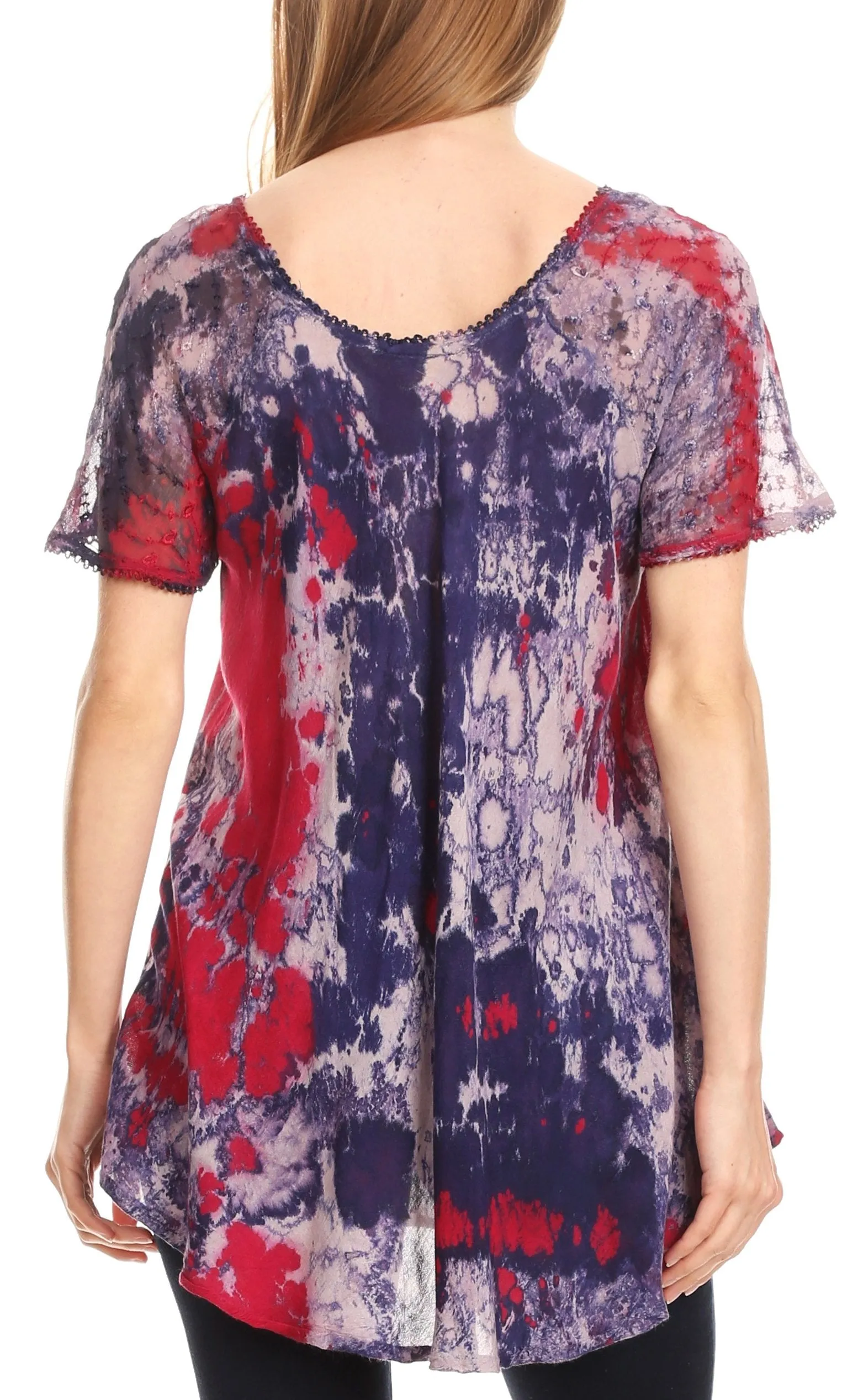 Sakkas Sara Womens Flowy Peasant Short Sleeve Top Blouse Tie-dye Batik Embroidery