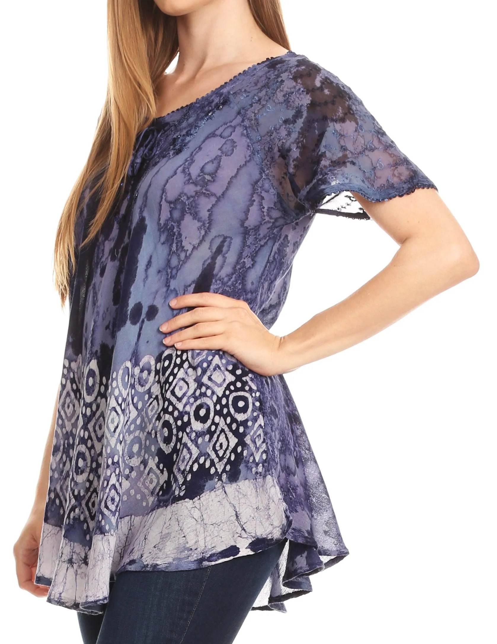 Sakkas Sara Womens Flowy Peasant Short Sleeve Top Blouse Tie-dye Batik Embroidery