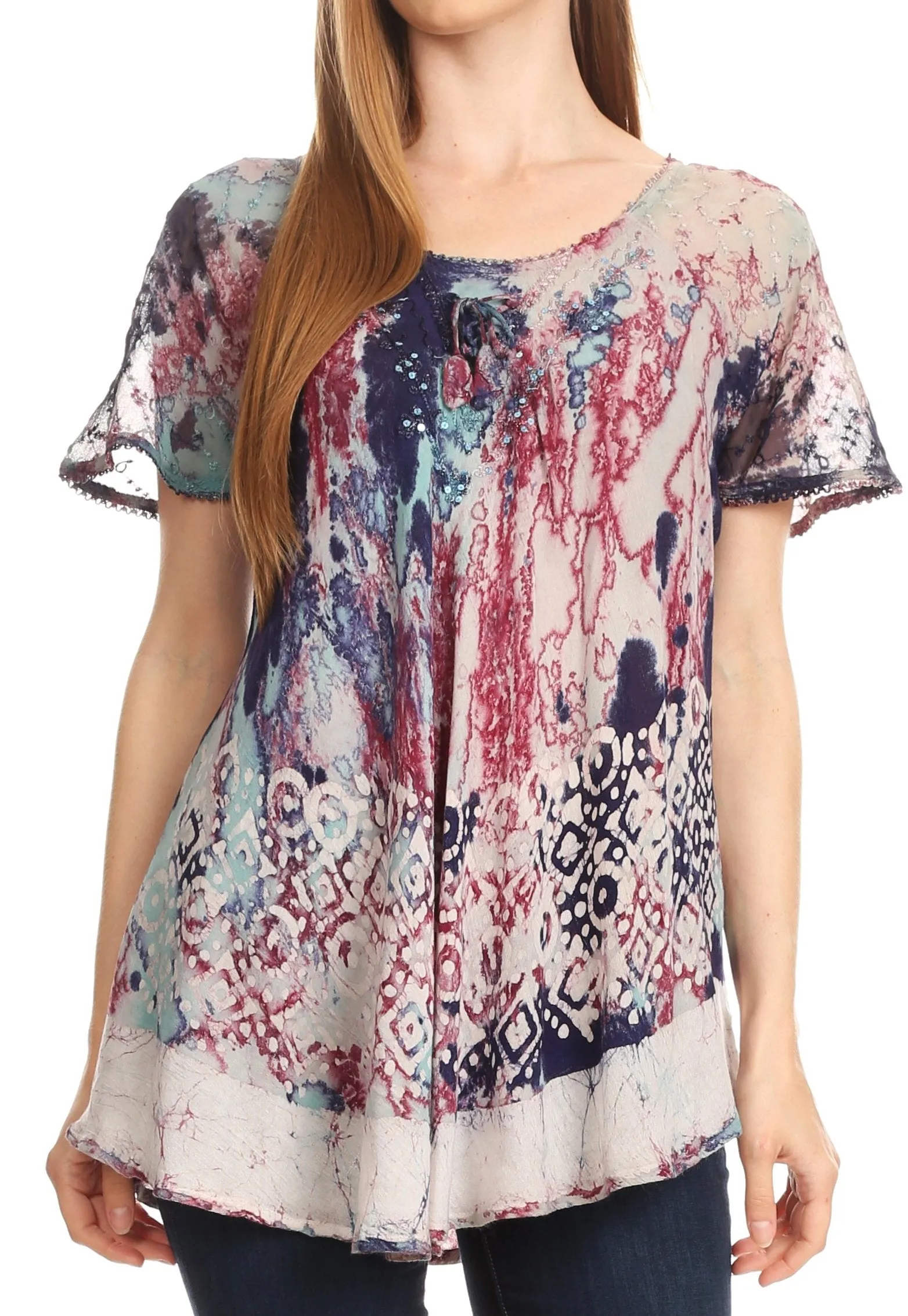 Sakkas Sara Womens Flowy Peasant Short Sleeve Top Blouse Tie-dye Batik Embroidery