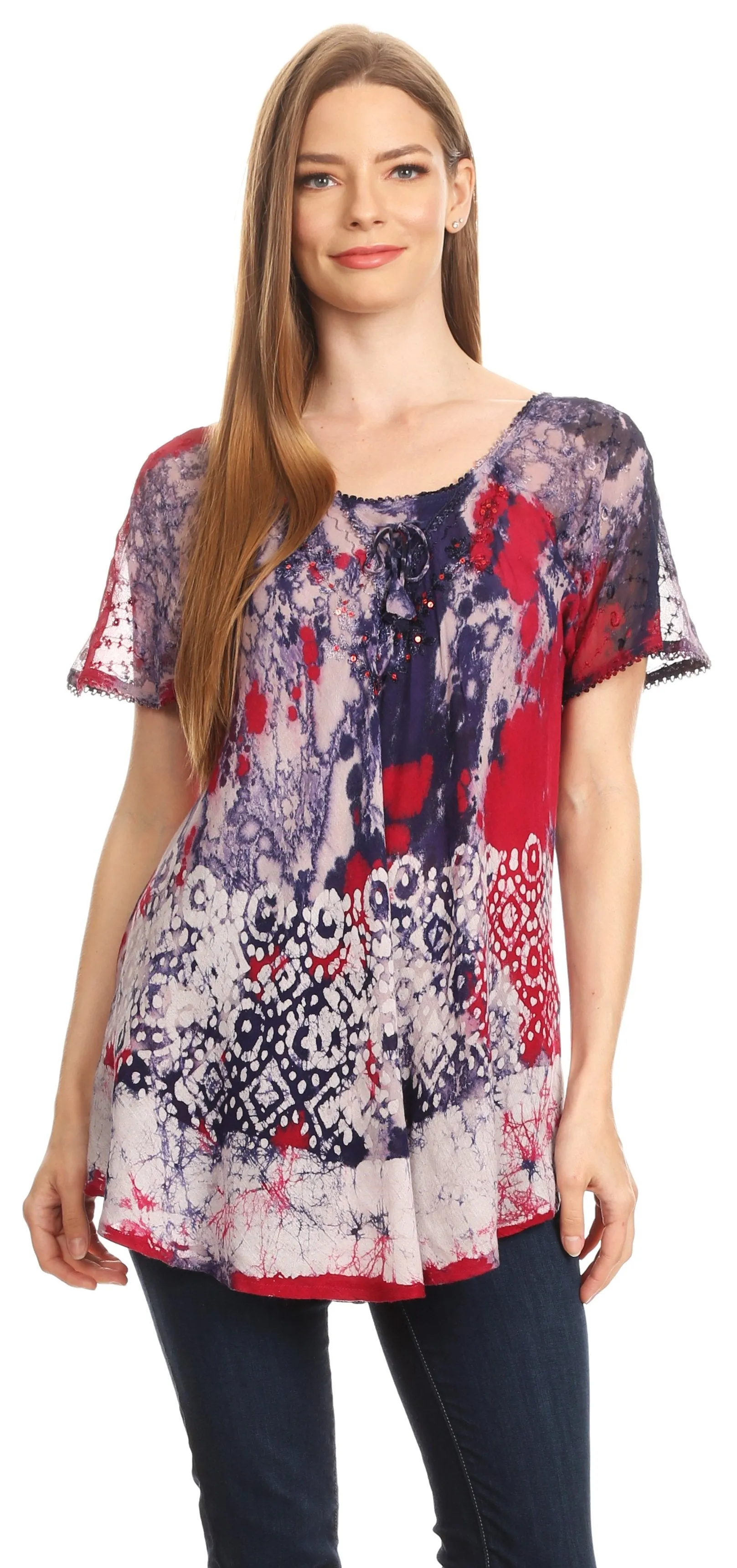 Sakkas Sara Womens Flowy Peasant Short Sleeve Top Blouse Tie-dye Batik Embroidery