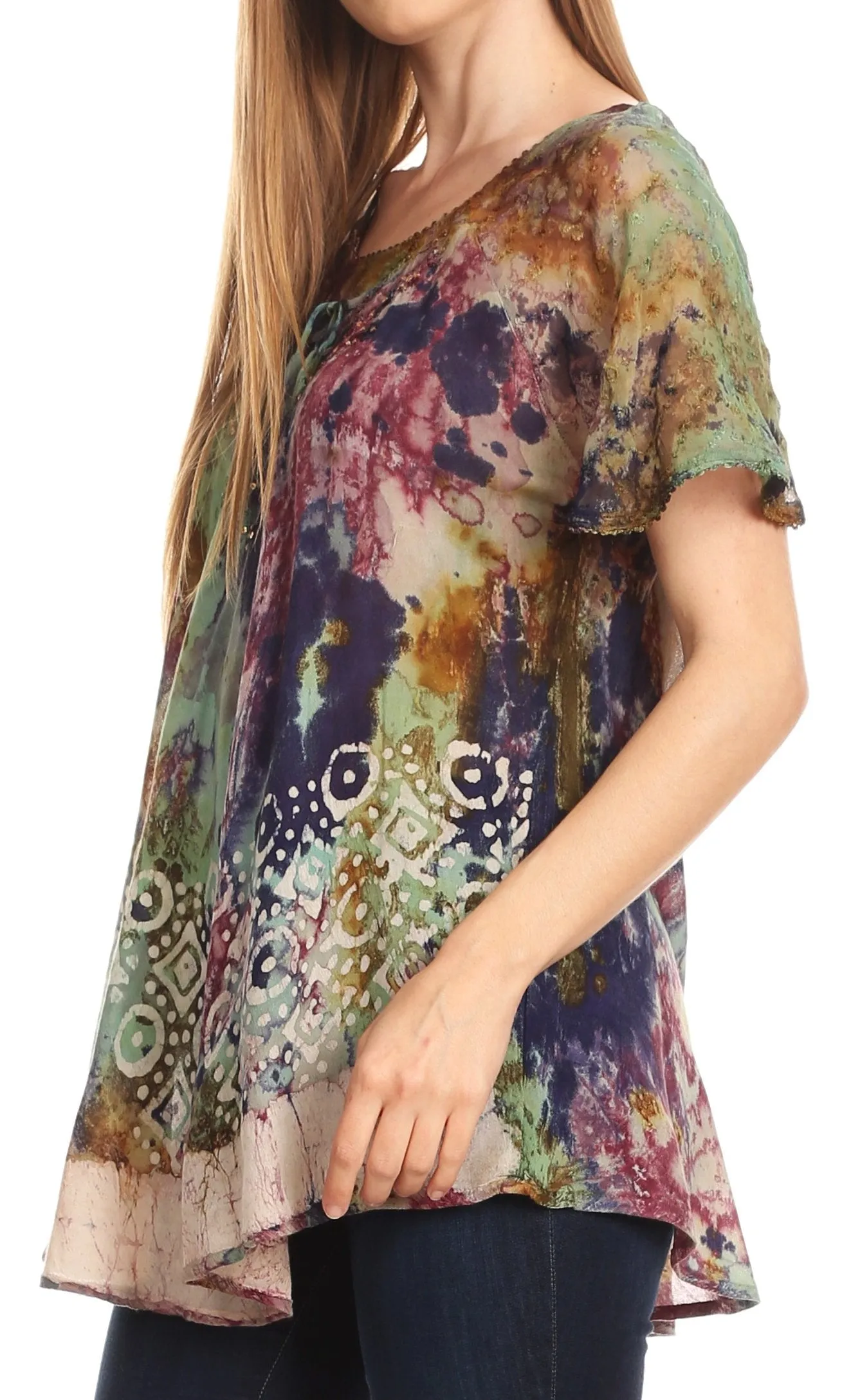 Sakkas Sara Womens Flowy Peasant Short Sleeve Top Blouse Tie-dye Batik Embroidery