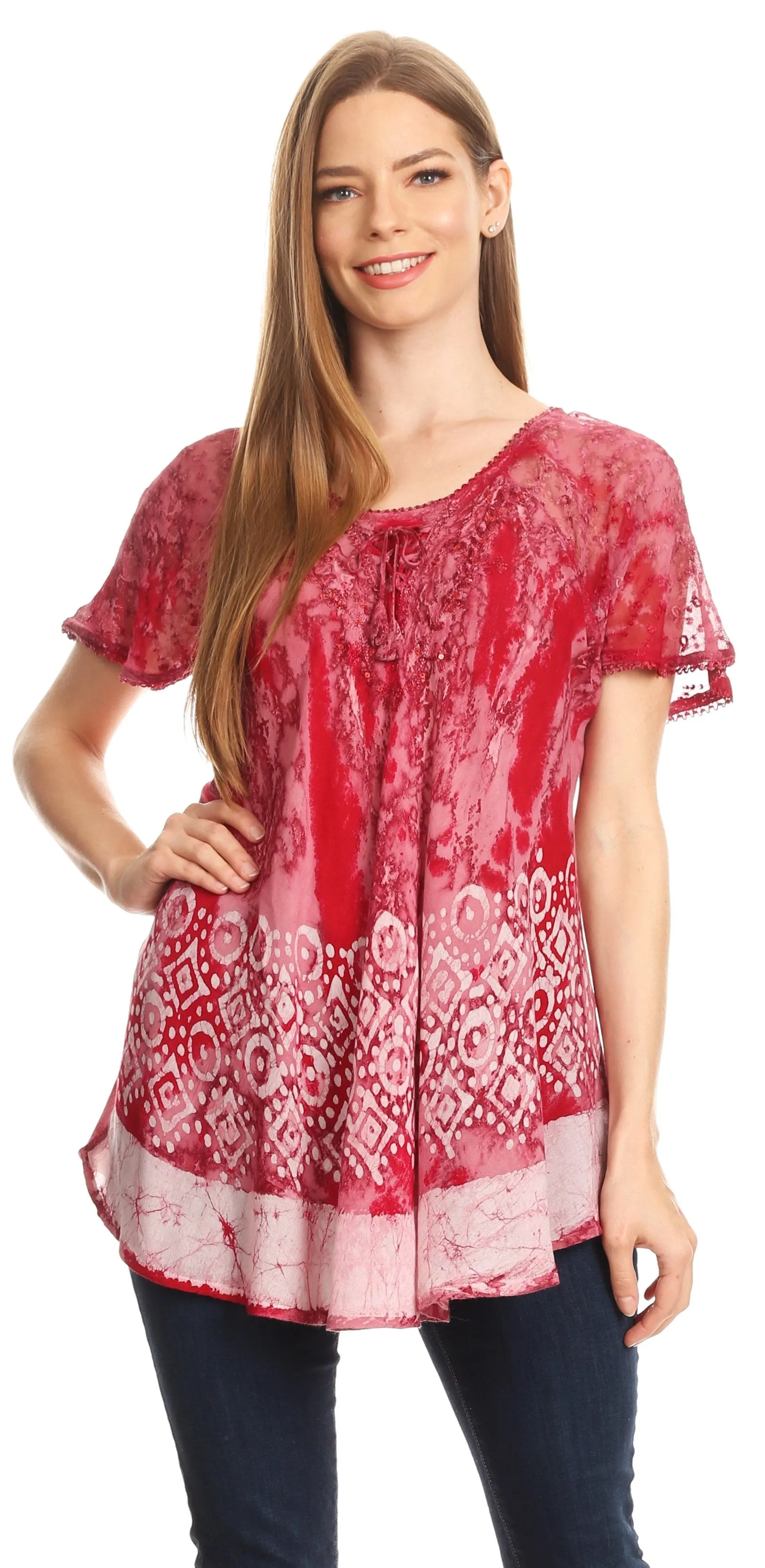 Sakkas Sara Womens Flowy Peasant Short Sleeve Top Blouse Tie-dye Batik Embroidery