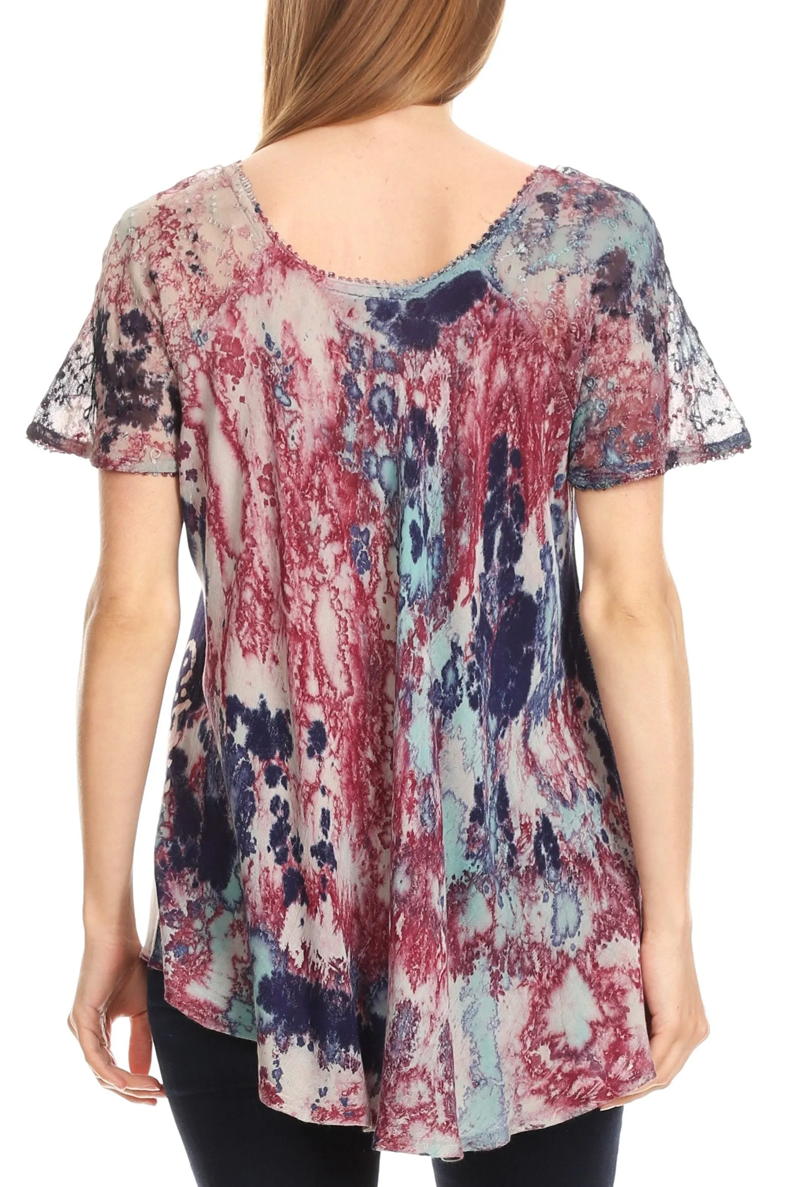 Sakkas Sara Womens Flowy Peasant Short Sleeve Top Blouse Tie-dye Batik Embroidery