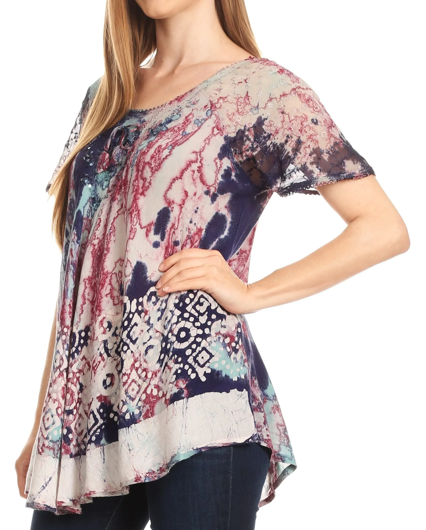 Sakkas Sara Womens Flowy Peasant Short Sleeve Top Blouse Tie-dye Batik Embroidery