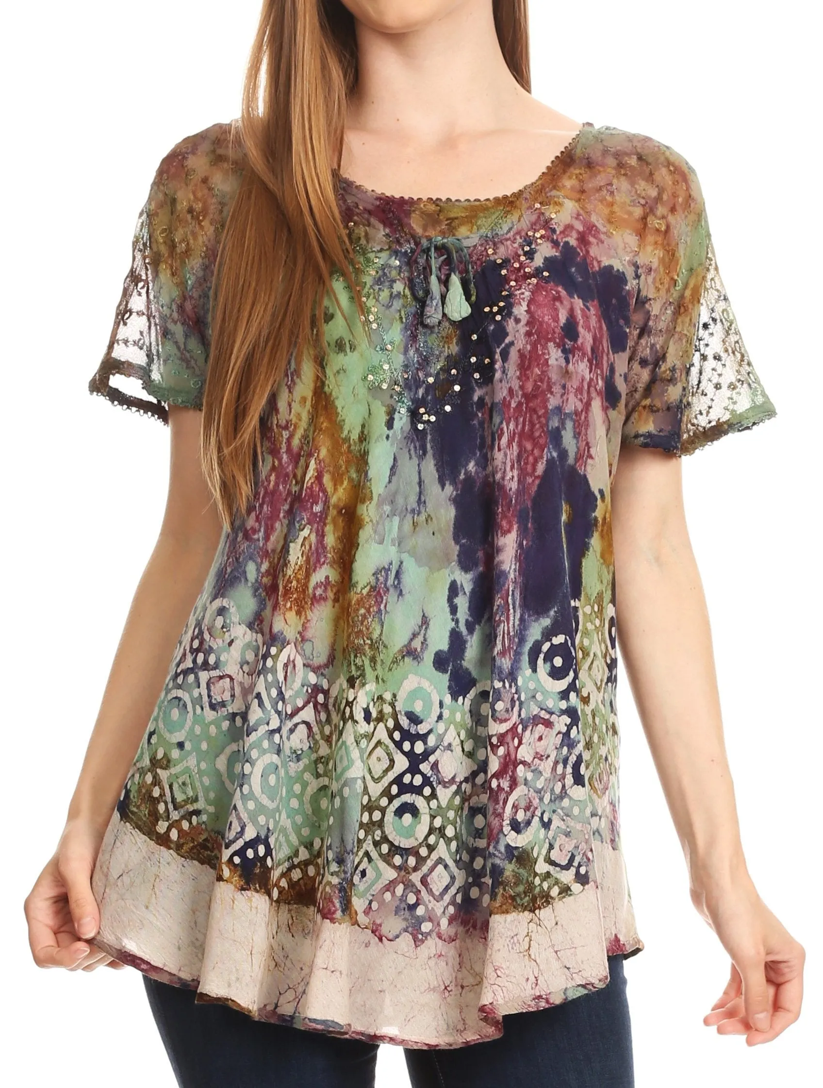 Sakkas Sara Womens Flowy Peasant Short Sleeve Top Blouse Tie-dye Batik Embroidery